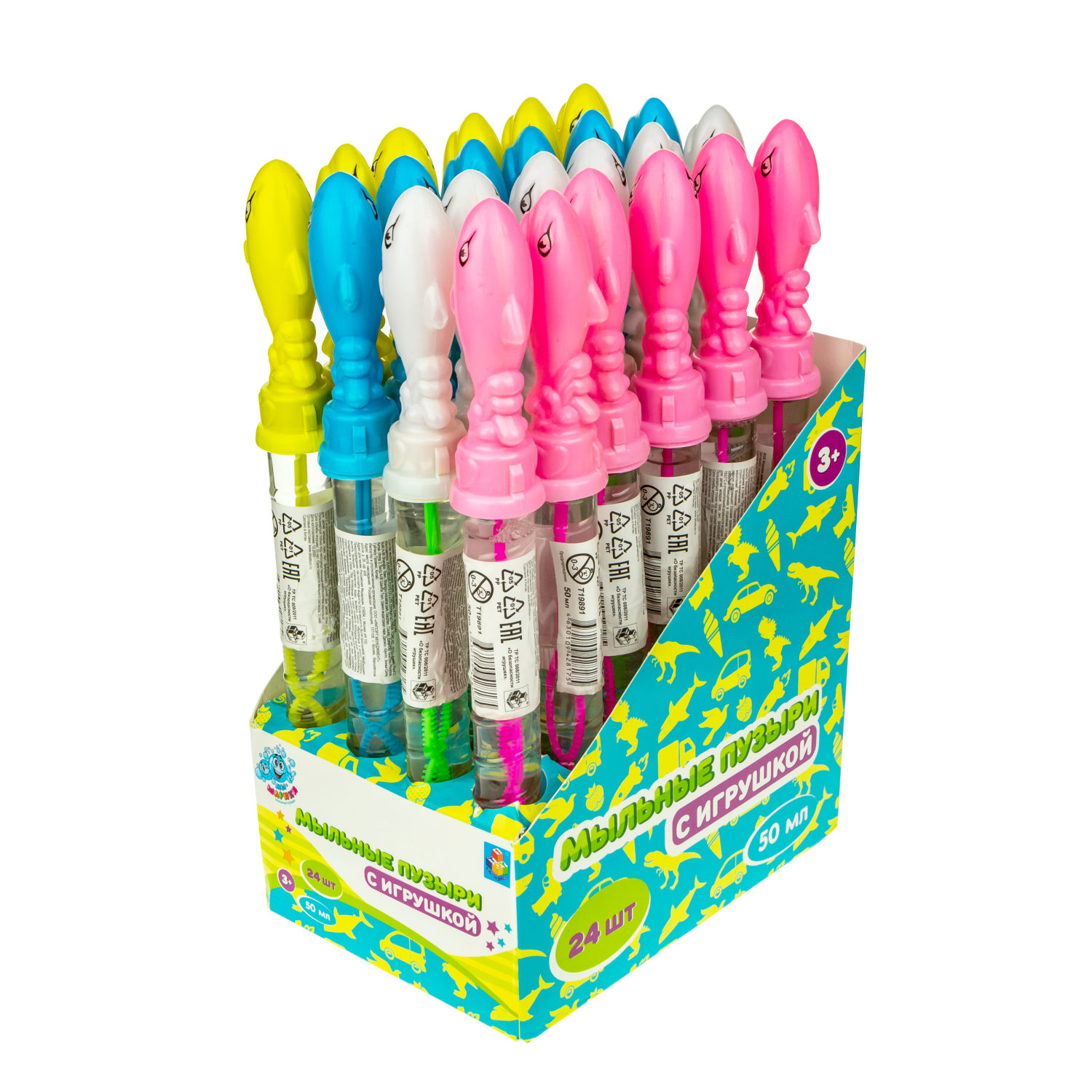 Мыльные пузыри с игрушкой 1TOY Мы-шарики! Акула, 50 мл, 4 цвета в ассортименте