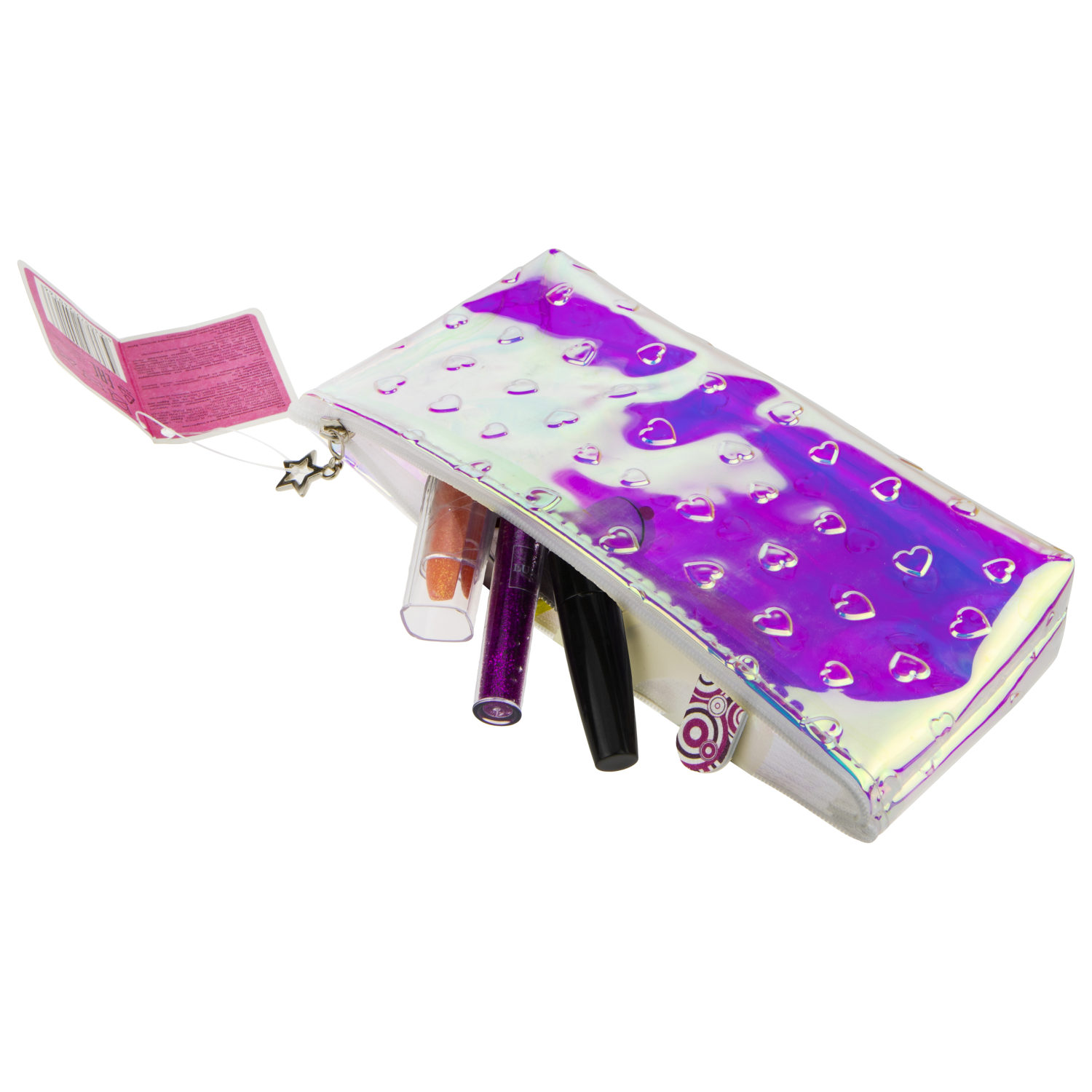 Пенал школьный, косметичка LUKKY для девочек, девушек, голографическая, с объемными сердечками, 19х8 см