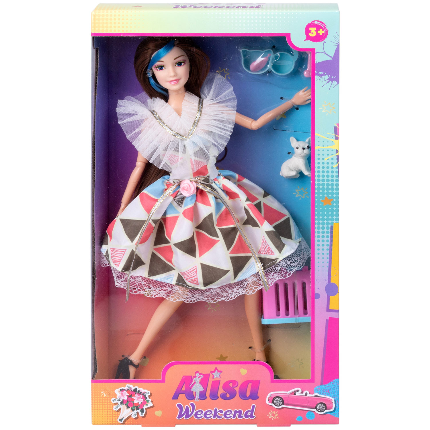 Кукла Alisa Weekend с голубой прядью, в цветном платье, с питомцем, переноской и аксессуарами, 29 см