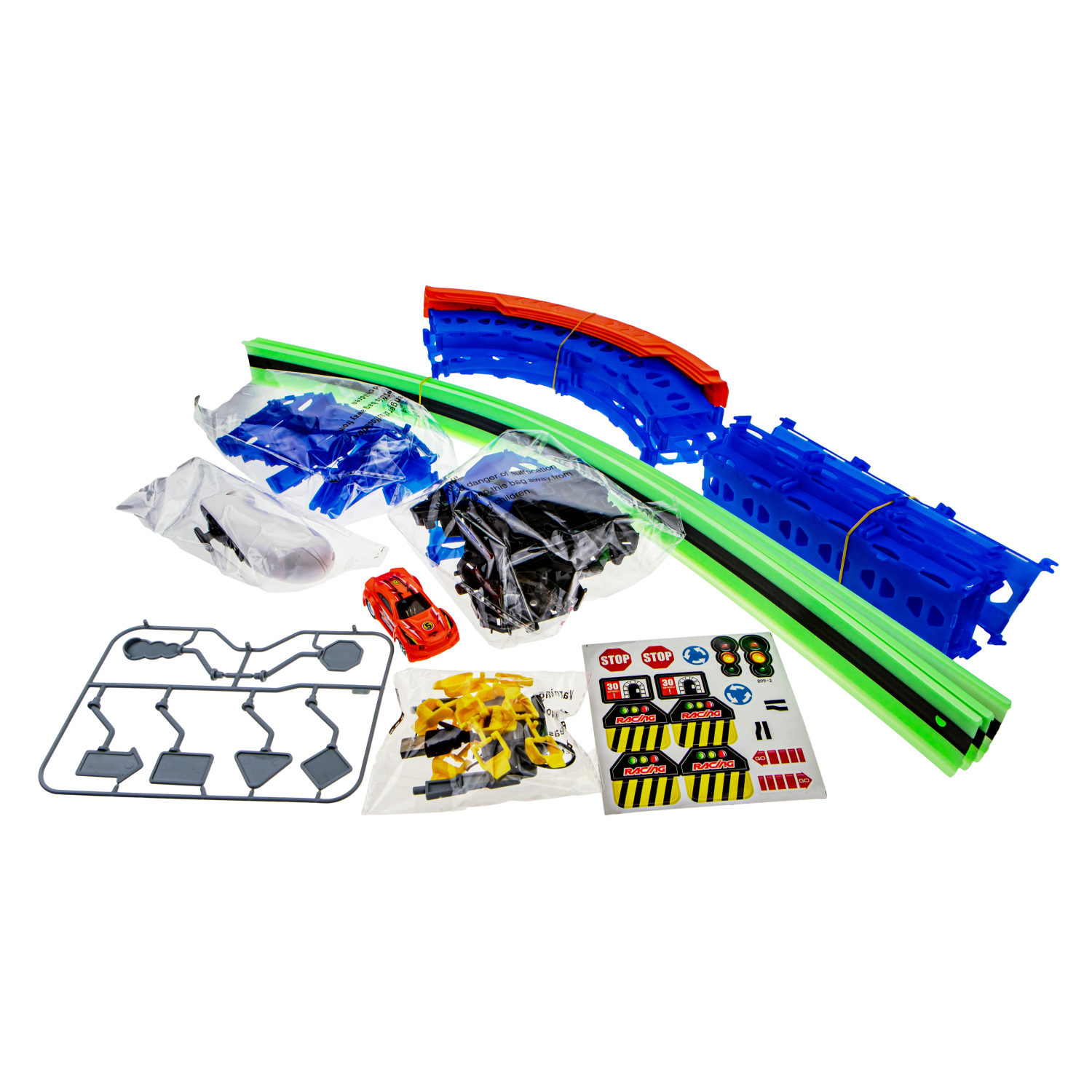 Гоночный автотрек с машинкой на пульте управления 1TOY Neotrack, дорога автомобильная, трасса, гибкий трек светящийся, 50 деталей