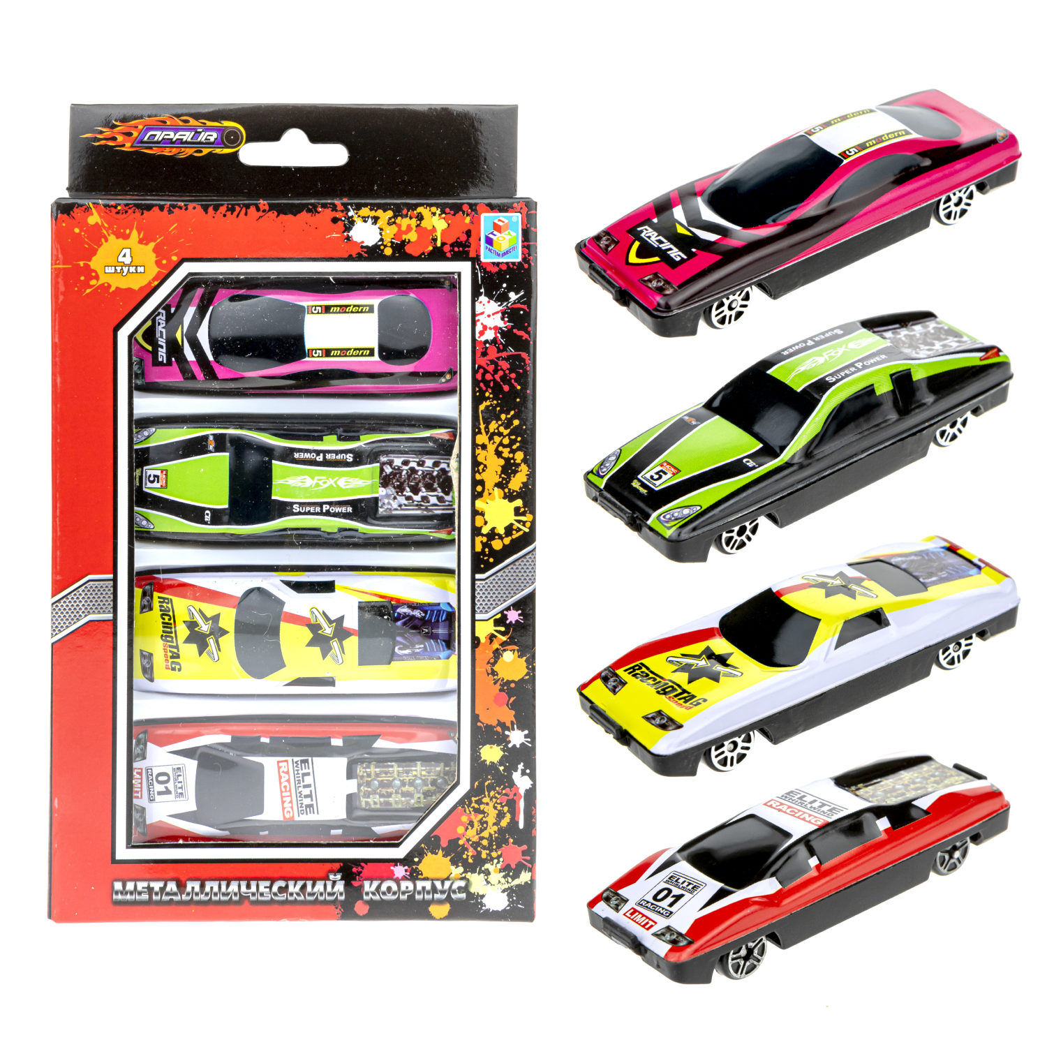 Набор металлических машинок 1TOY Драйв, гоночные, маленькие, 7 см, 4 шт.