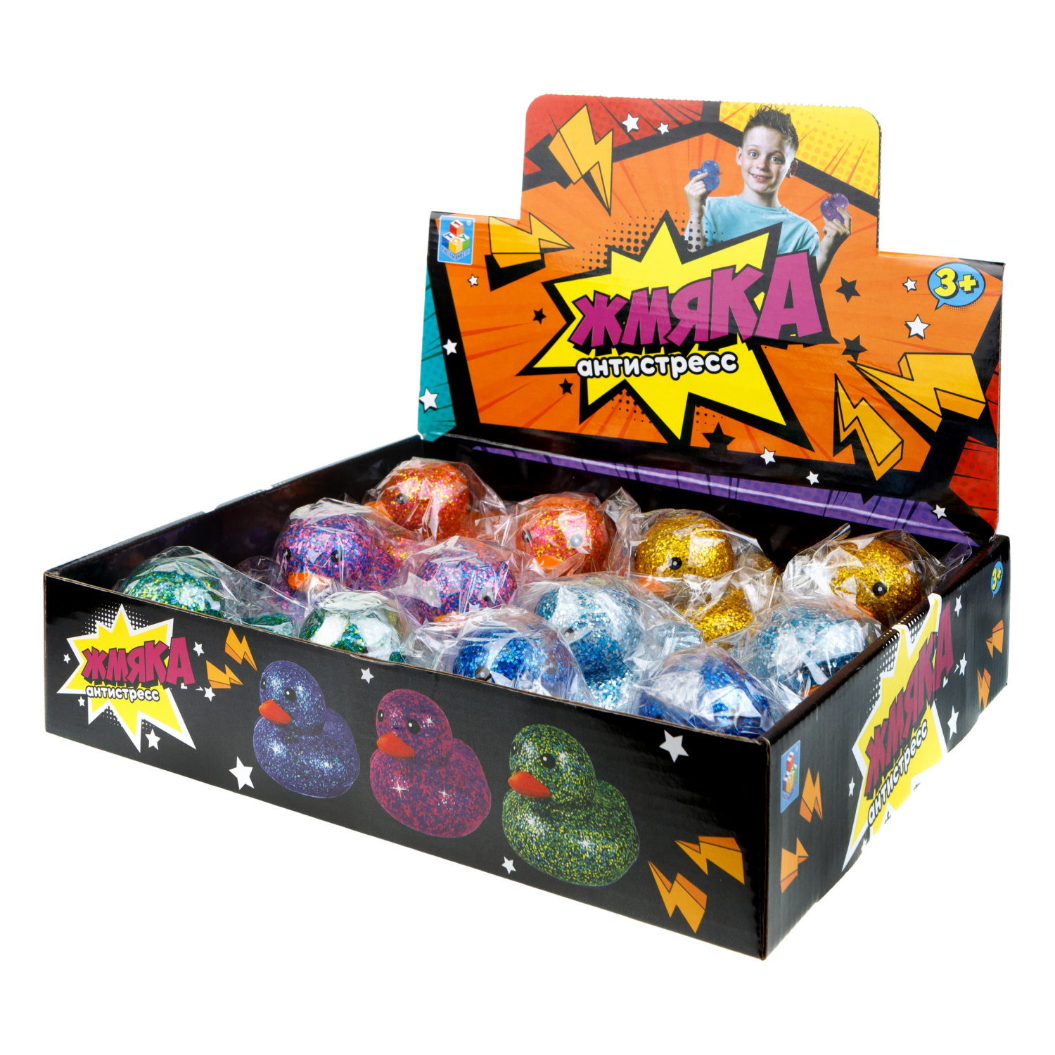 1toy Жмяка-антистресс "Уточка" с блёстками 8х7,2х6,5 см, 6 видов в асс., 12 шт. в д/б