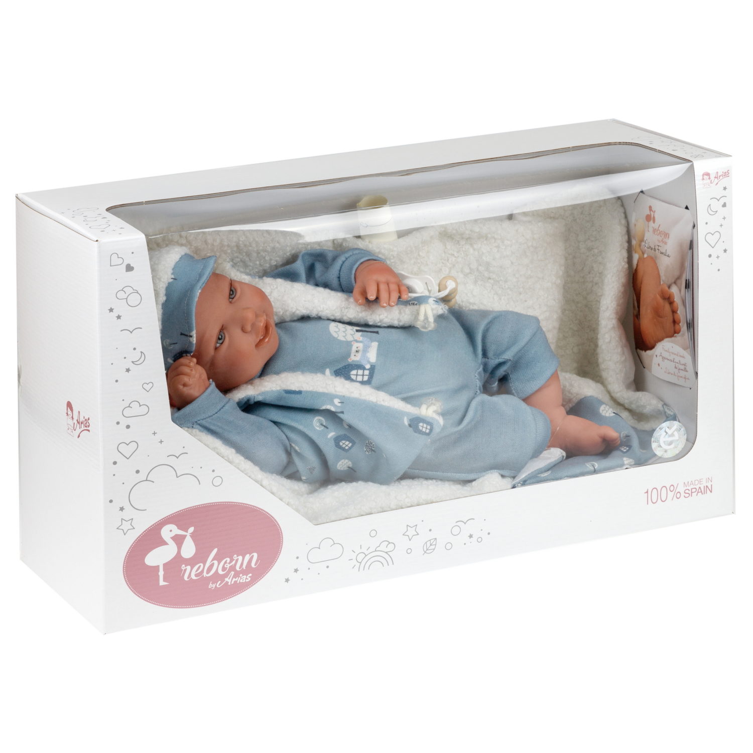 Arias Reborn Bruno новорожденный пупс мягкий 45 см., в голубой одежде, с соской, с одеялом,кор.