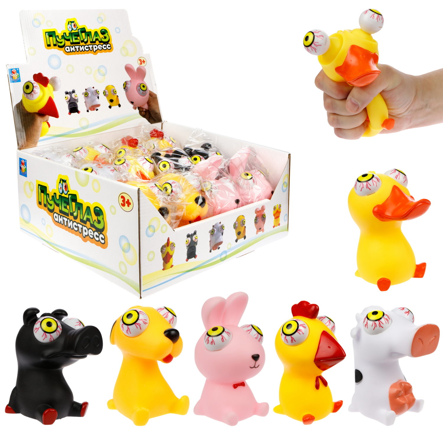 1toy Пучеглаз-антистресс "Животные" 8,4х7,6х9,6см, 6 видов в асс., 12 шт. в д/б