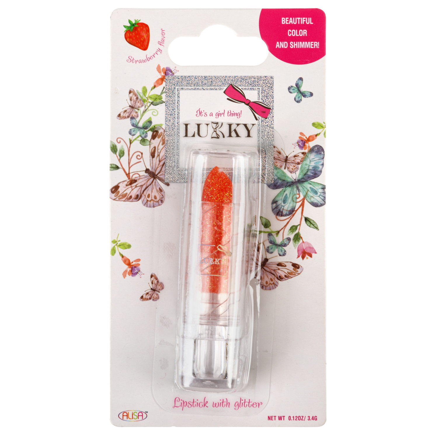 Помада для губ LUKKY с блёстками, с ароматом клубники, коралловый