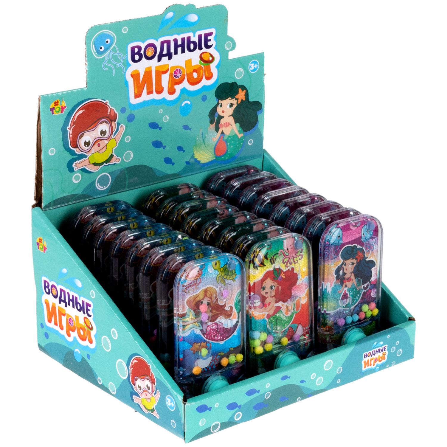 1TOY Игра с водой забрось мячики русалочки, 3 вида в асс. 11,5*6*2см, 24 шт в дисплей боксе