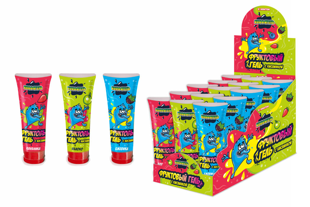 КОНФИГЕЛЬ фруктовый гель с кислинкой 3 вкуса в дисплее, блок 16 шт. (80г х 16 х 12)