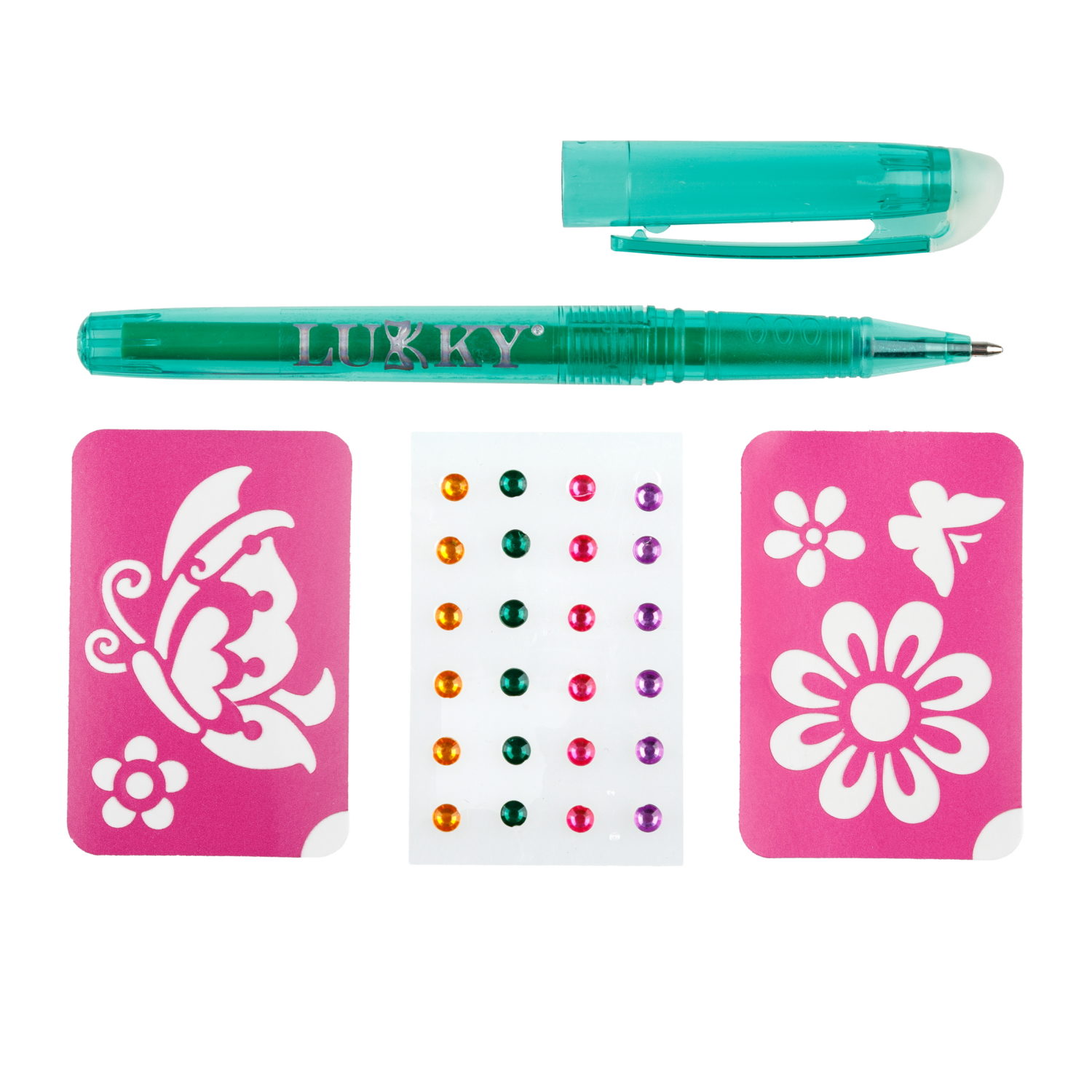 Lukky"Дизайнер-Сет"#4 набор для боди-арта с 1 тату ручкой, трафаретами, стразами для лица и тела, цвет изумруд.,блистер