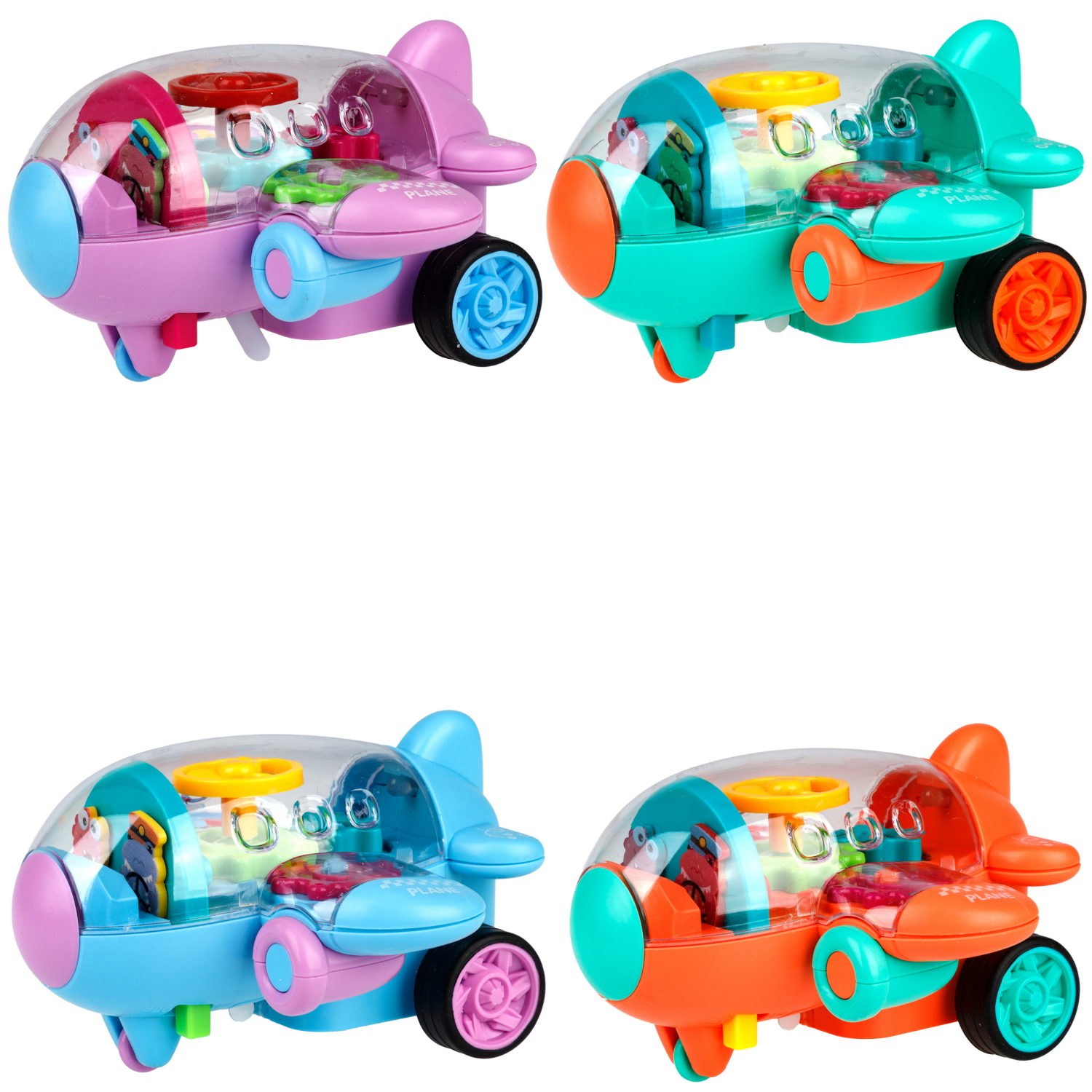 1TOY Движок Самолет прозрачным с механизмом, фрикционный, свет, 4 вида в ассортименте