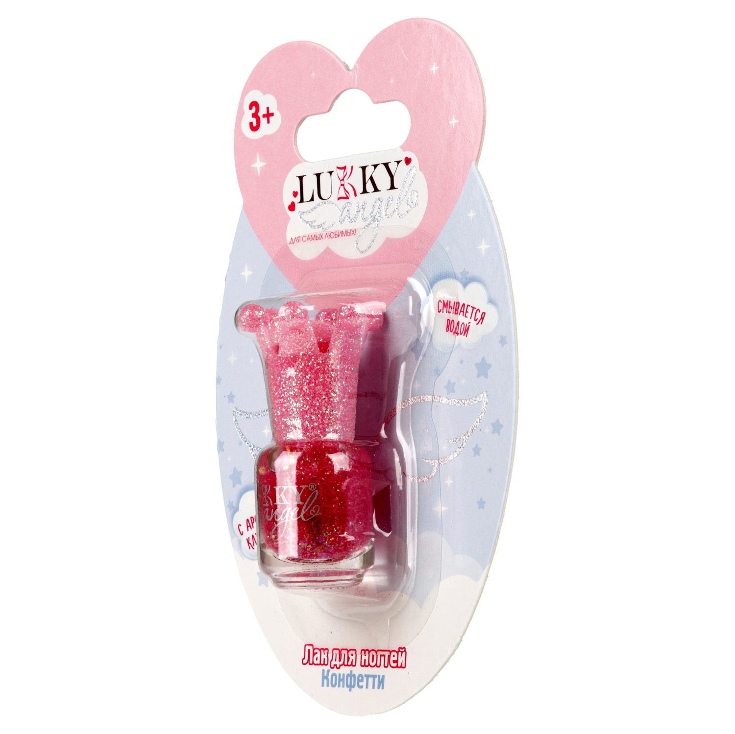 Lukky Angel Лак для ногтей Конфетти, смываемый водой, цвет красный с блестками, с ароматом клубники, 5 ml, блистер