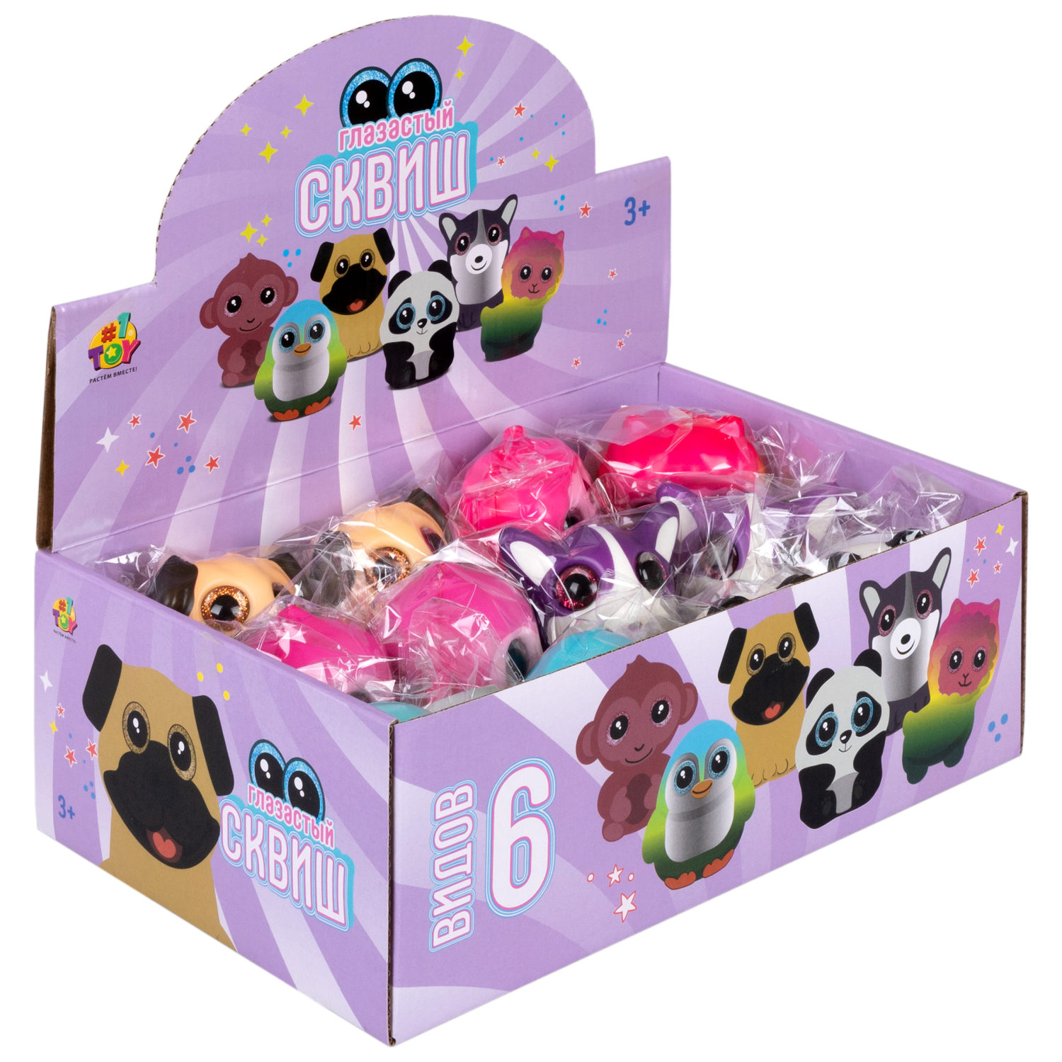 Глазастый сквиш 1TOY Животные, игрушка-антистресс для рук, жмякалка, 8-9 см, 6 видов в ассортименте