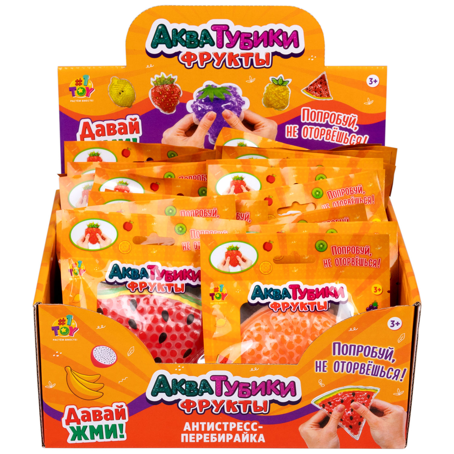 Акватубики переливайка 1TOY «Фрукты» скользун с водой внутри, антистресс для рук, жмякалка, 10 видов в ассортименте