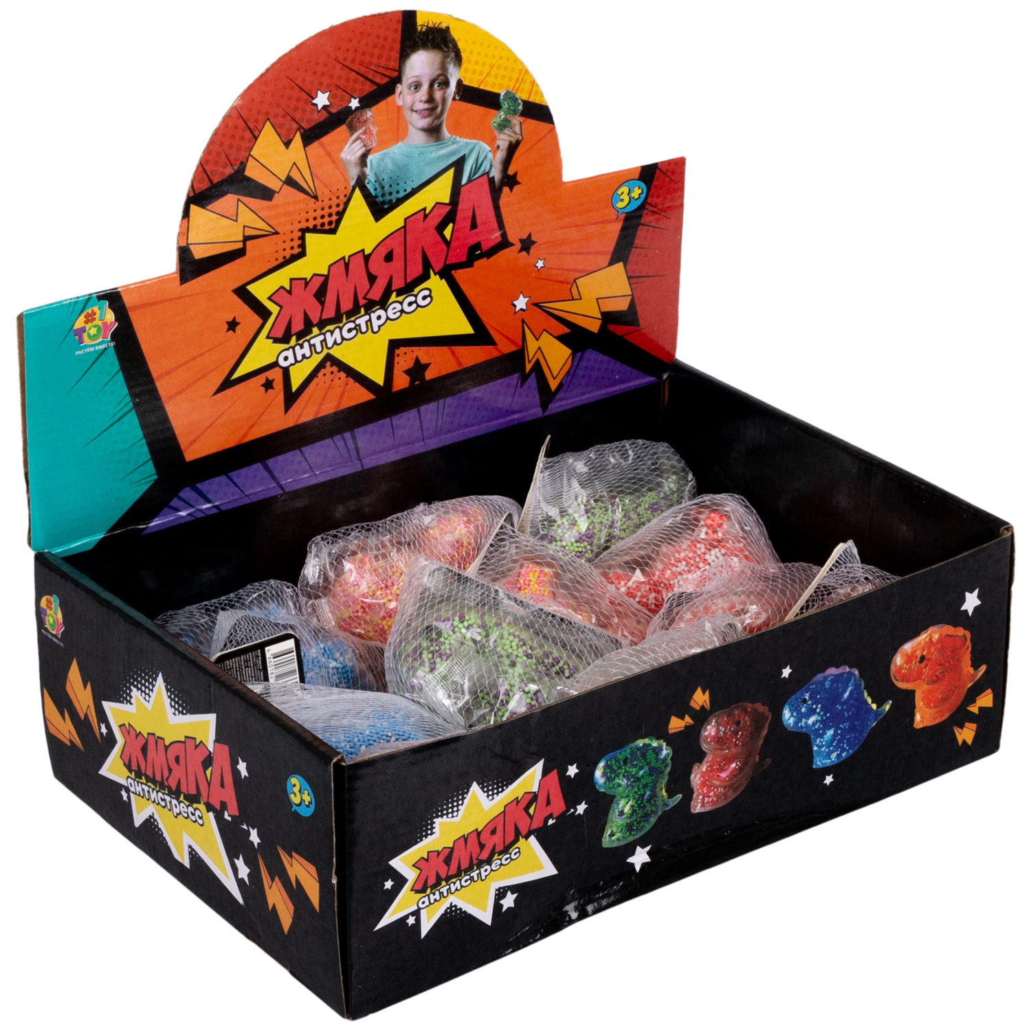 1toy Жмяка динозавр с пенопластовыми шариками, 8х11 см, 4 вида в ассортименте