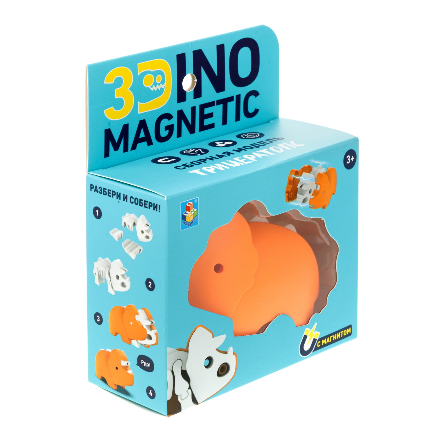Игрушка динозавр 1TOY 3Dino Magnetic Трицератопс, сборный, с магнитом, для развития моторики и сил рук, цвет в ассортименте