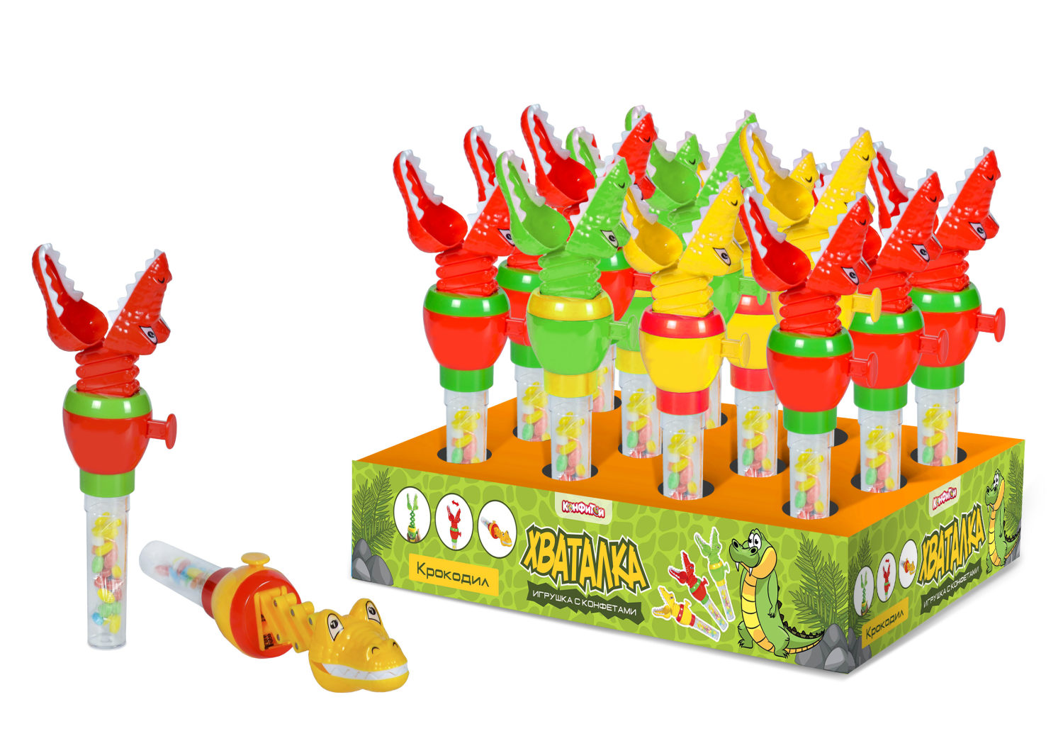 ХВАТАЛКА Крокодил игрушка с конфетами, блок 12 шт. (10г х 12 х 12)