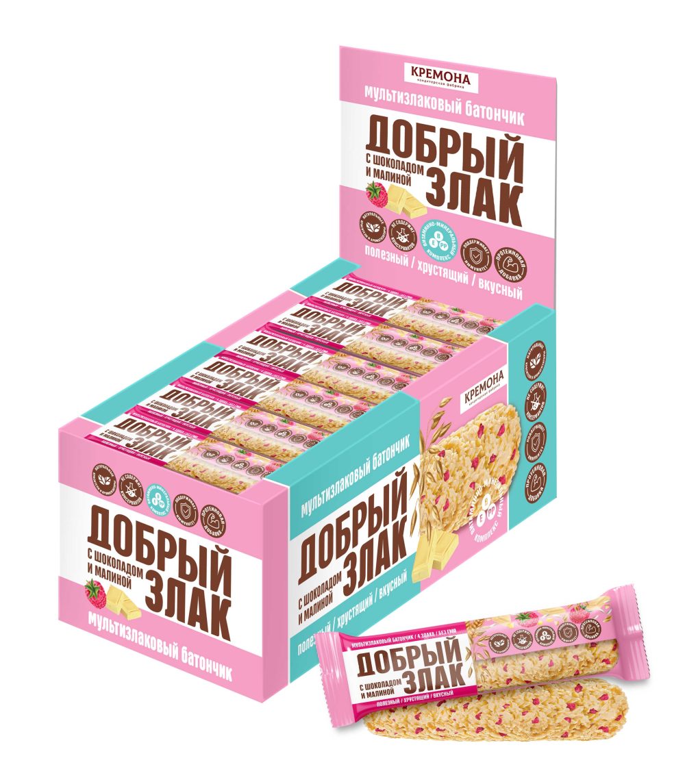 ДОБРЫЙ ЗЛАК Мультизлаковый батончик с малиной и белым шоколадом, 19г х 24 х 8