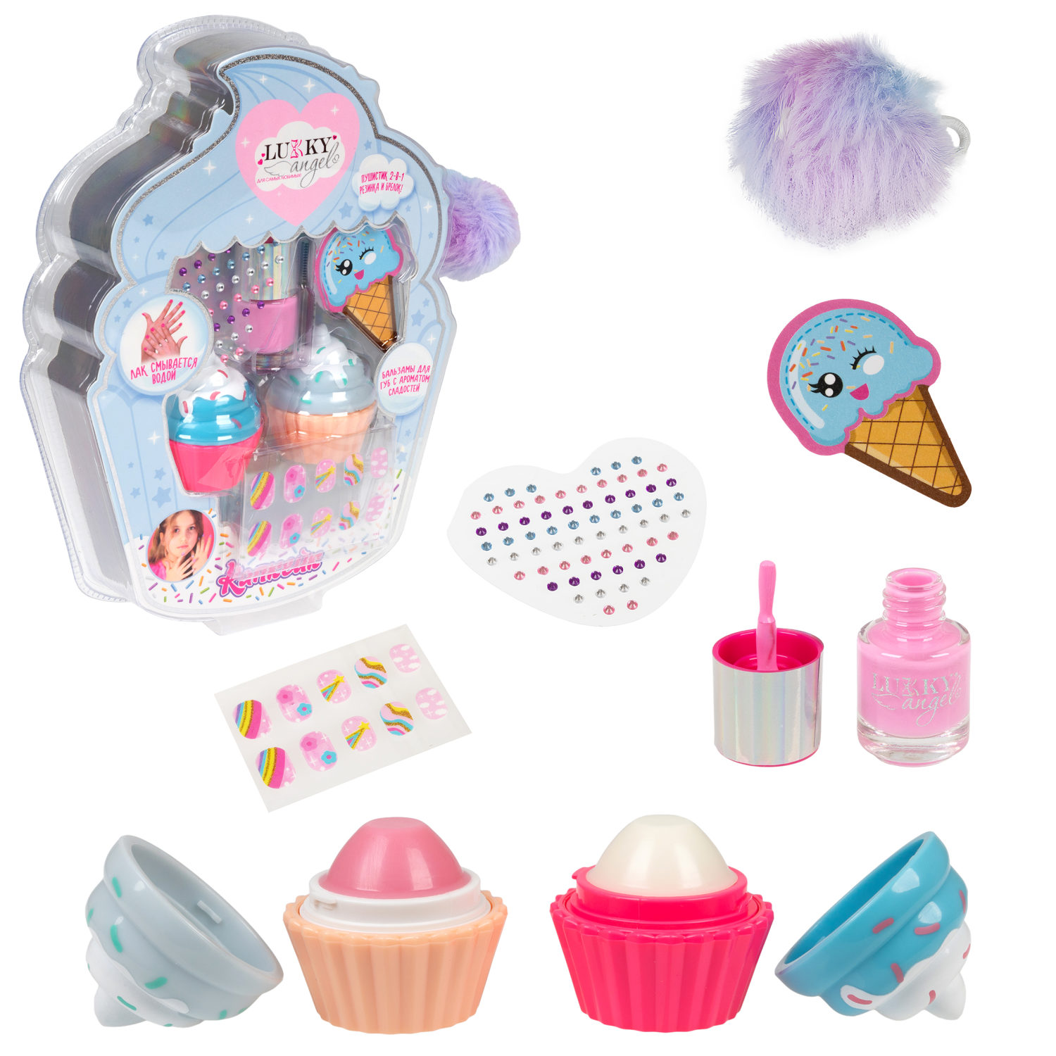 Lukky Angel Бьюти-Дизайн наб."Капкейк": бальзам д.губ, лак д.ногтей, резинка д.волос с брелоком, стразы, пилочка д.ногтей, наклейки д. ногтей