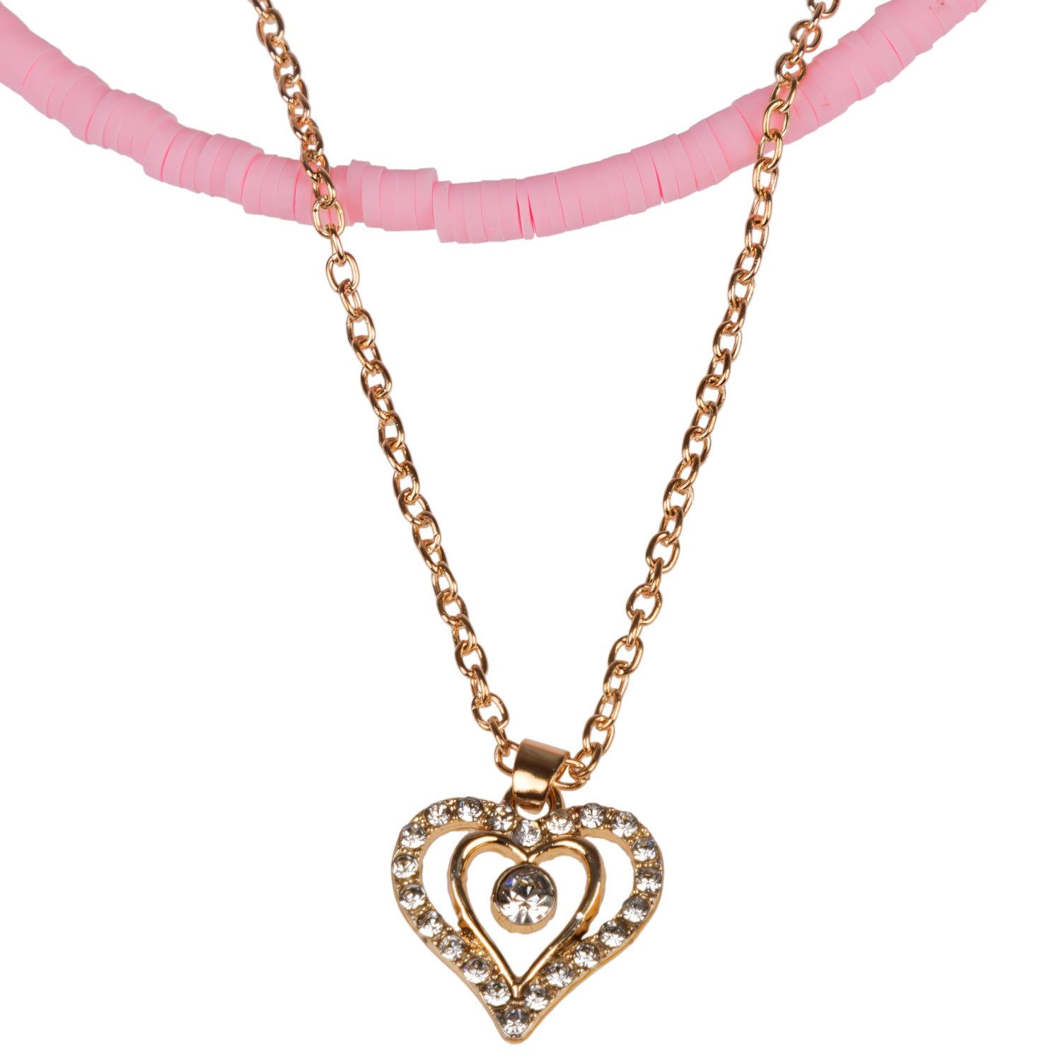 Двойная цепочка с пластиковыми бусами Lukky Fashion с подвеской со стразами "Сердечко", розовый