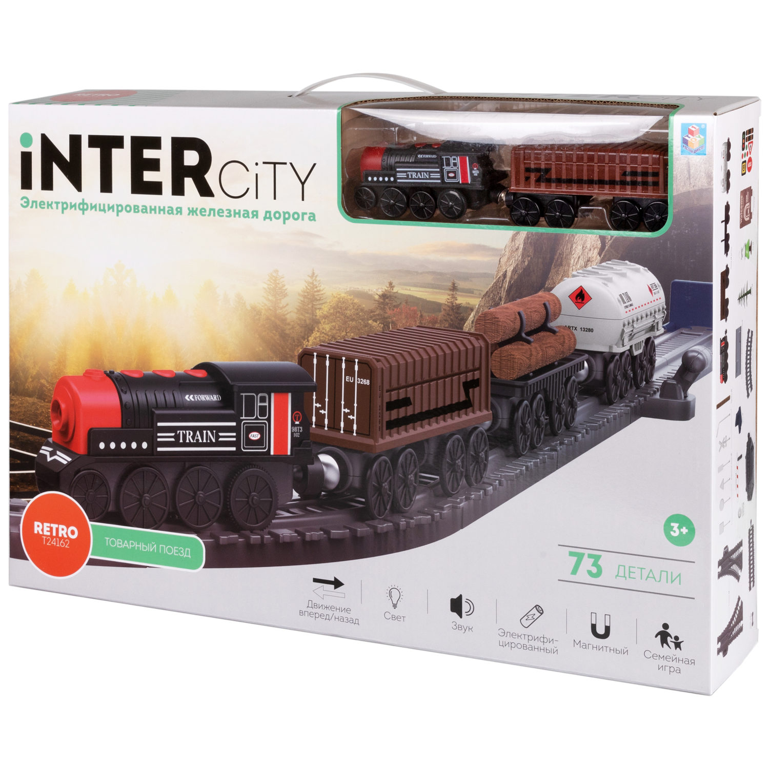Детская железная дорога с электропоездом 1TOY InterCity, со светом, звуком, паровоз на рельсах, в подарочном наборе, 73 детали