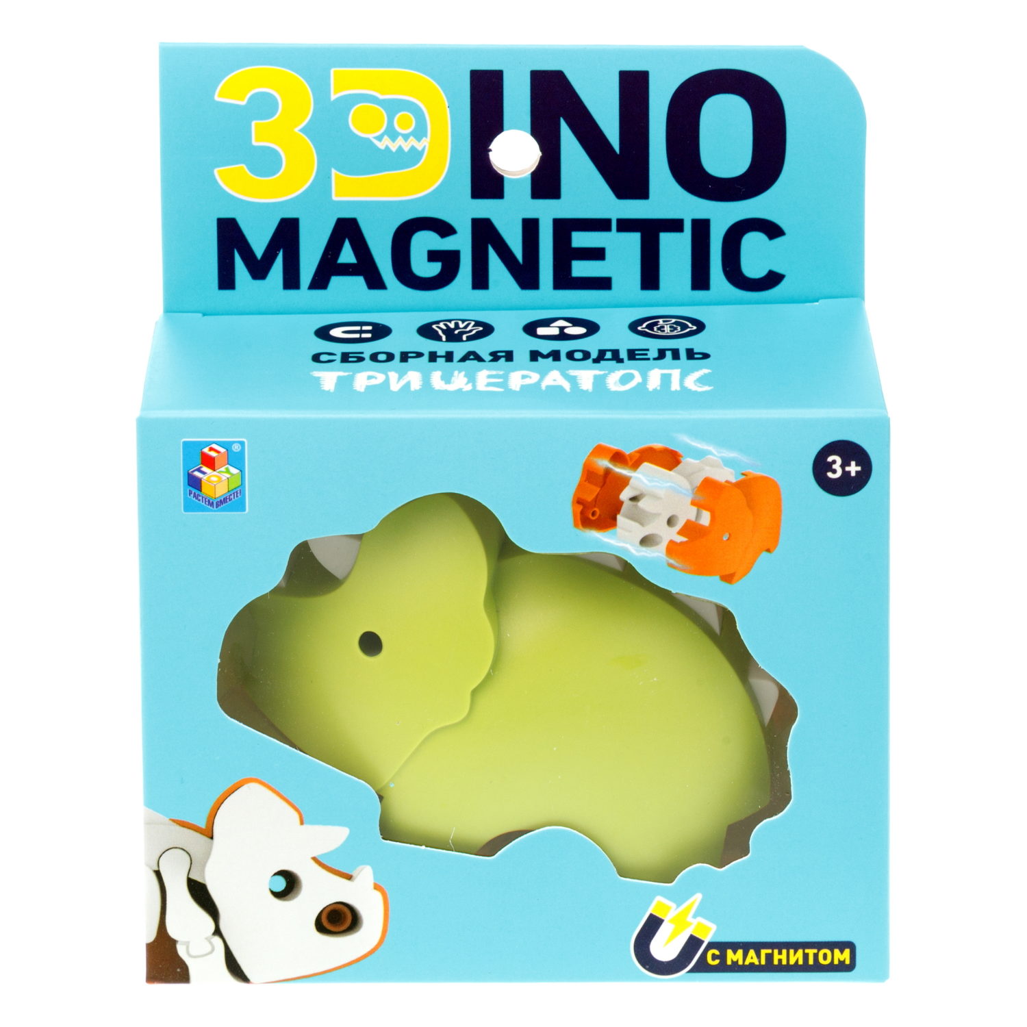 Игрушка динозавр 1TOY 3Dino Magnetic Трицератопс, сборный, с магнитом, для развития моторики и сил рук, цвет в ассортименте
