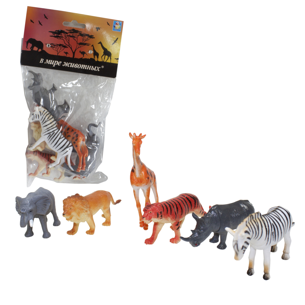 Игровой набор 1TOY "В мире животных", фигурки диких животных Африки: слон, тигр, лев, носорог, зебра, жираф, 6 шт., 8 см