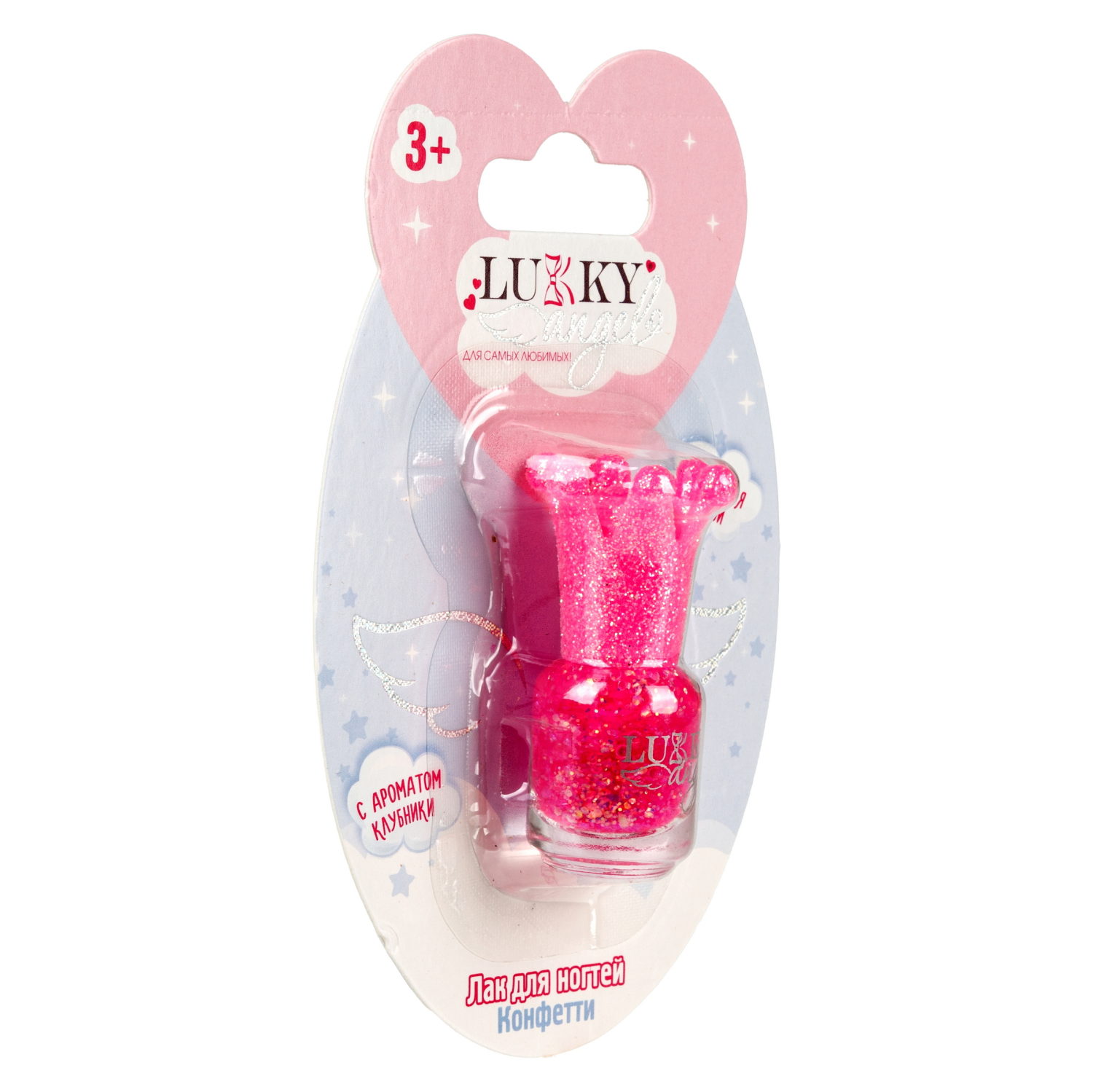 Lukky Angel Лак для ногтей Конфетти, смываемый водой, цвет ярко-розовый с блестками, с ароматом клубники, 5 ml, блистер