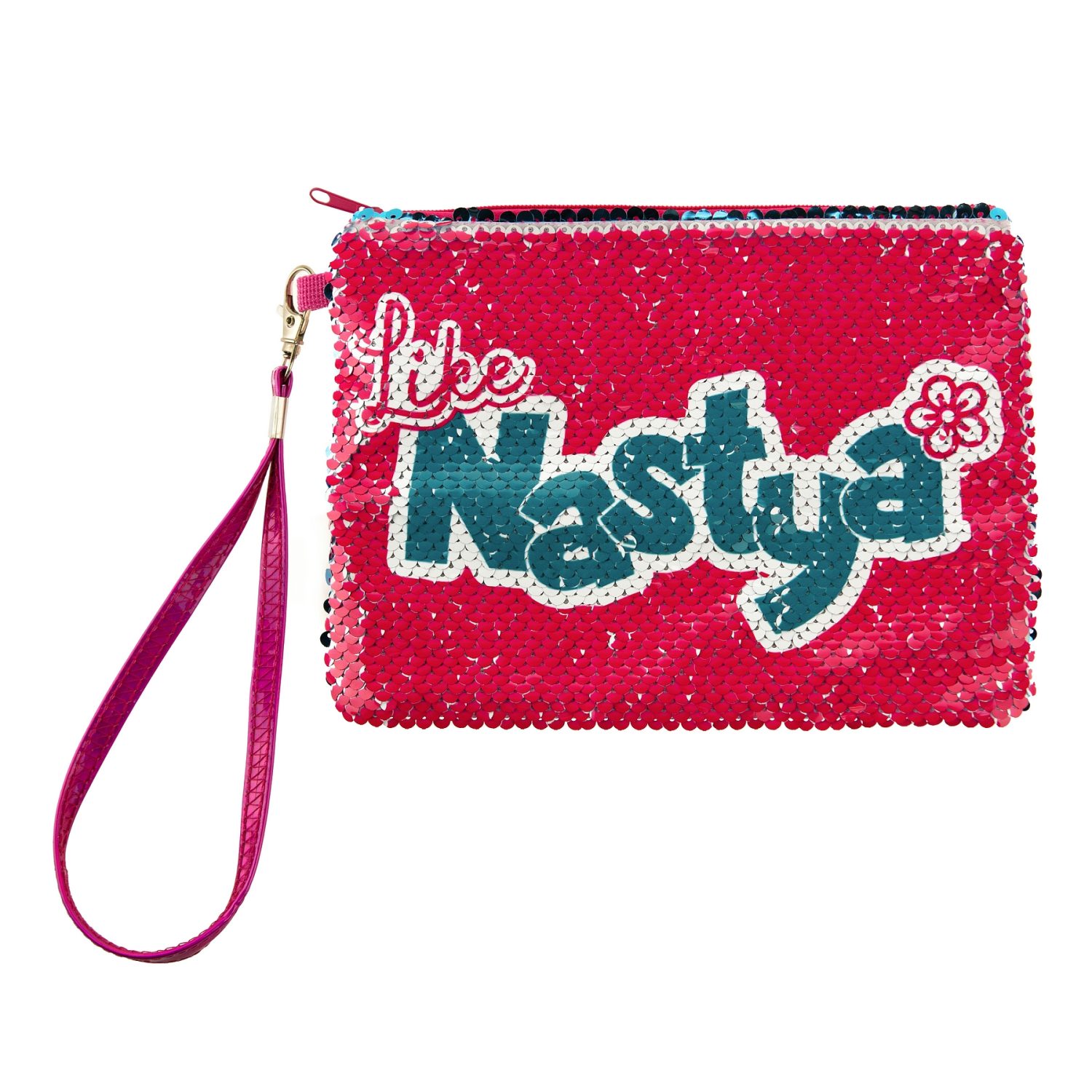 Like Nastya  Косметичка с пайетками хамелеон c логотипом на одной стороне, принт разноцветный на другой стороне, с ремешком, 21х14 см,пакет,бирка