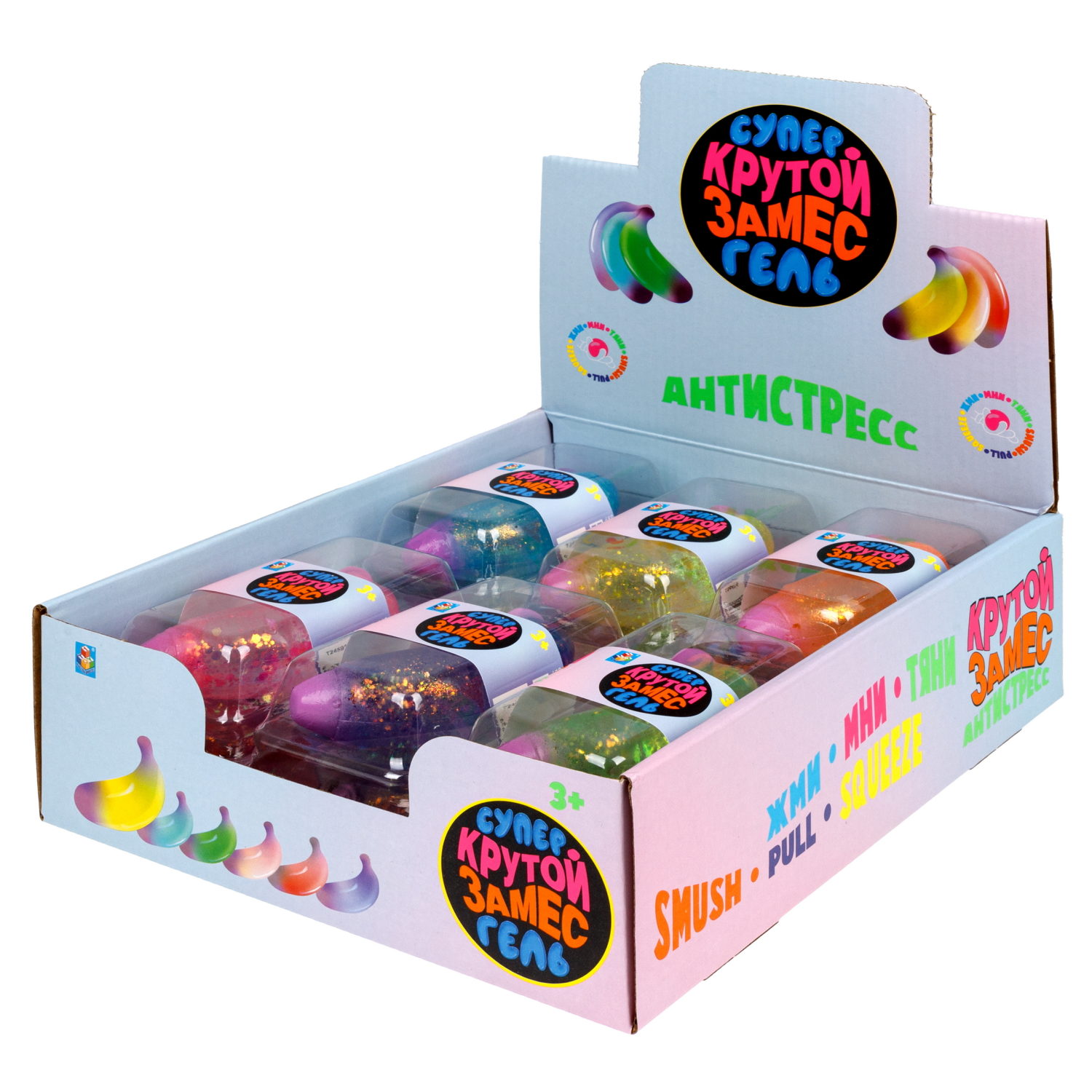 Антистресс-игрушка для рук 1TOY Крутой замес Супергель Банан с блестками, 11 см, 6 цветов в ассортименте