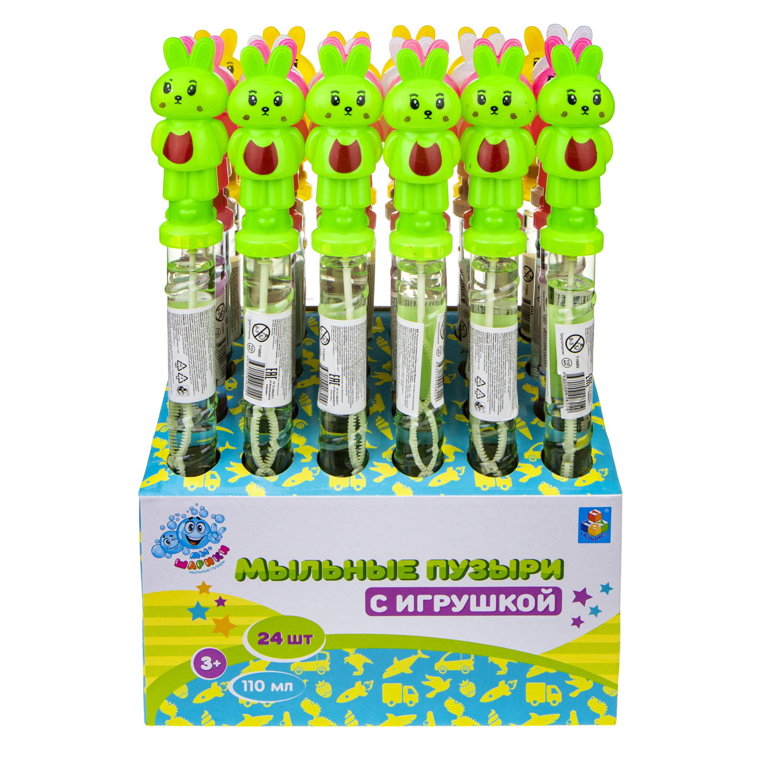 Мыльные пузыри с игрушкой 1TOY Мы-шарики! Кролик, 110 мл, 4 цвета в ассортименте