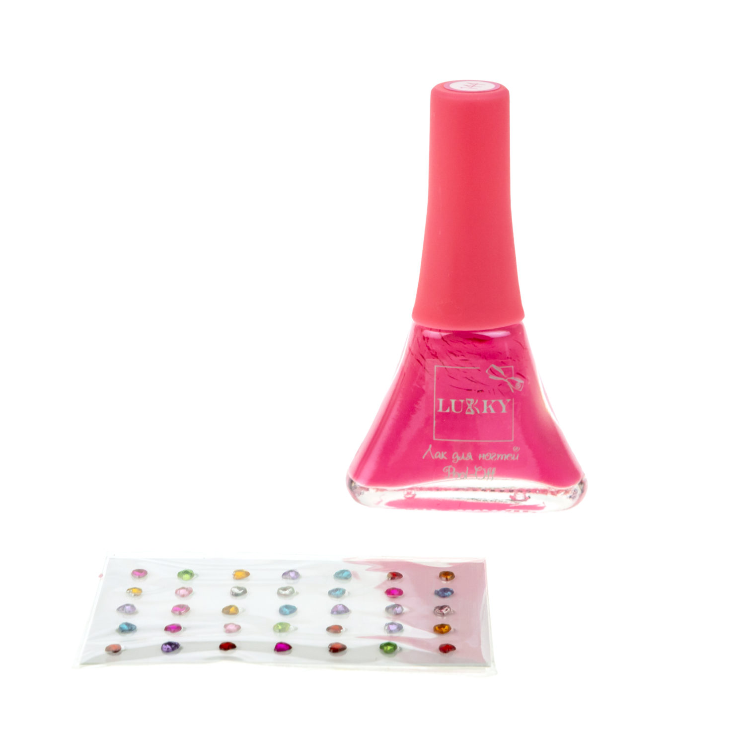Набор для маникюра детский LUKKY Нэйл-Дизайн #3 Сердечко: лак для ногтей на водной основе коралловый + стразы-наклейки