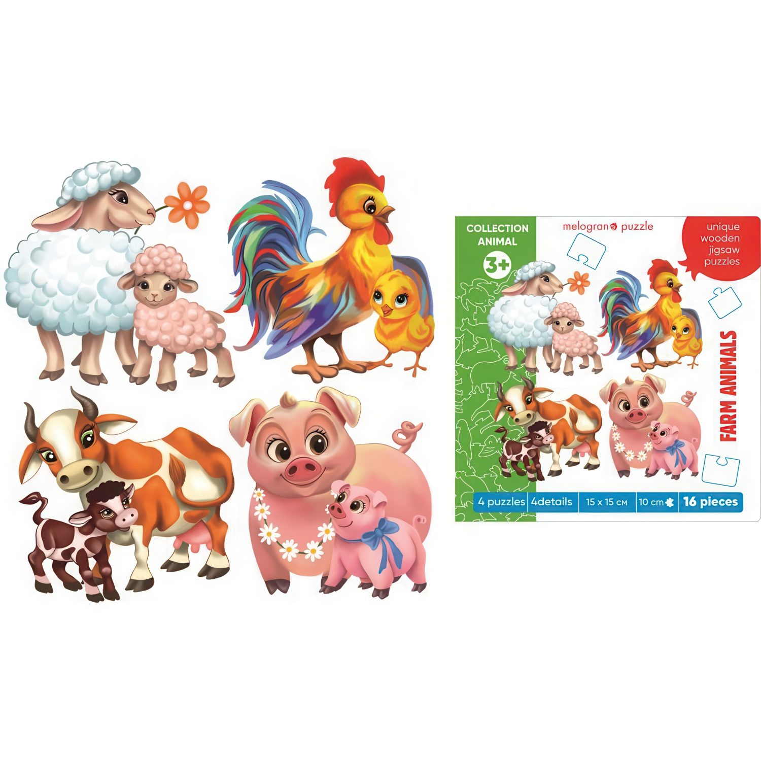 Деревянные пазлы Collection Animals, 4 пазла по 4 детали, 16 деталей