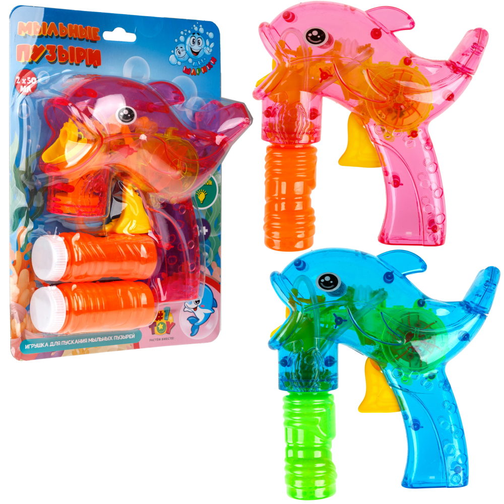 Пистолет для пускания мыльных пузырей 1TOY Мы-шарики! в виде дельфина, со световыми эффектами, 2*50 мл