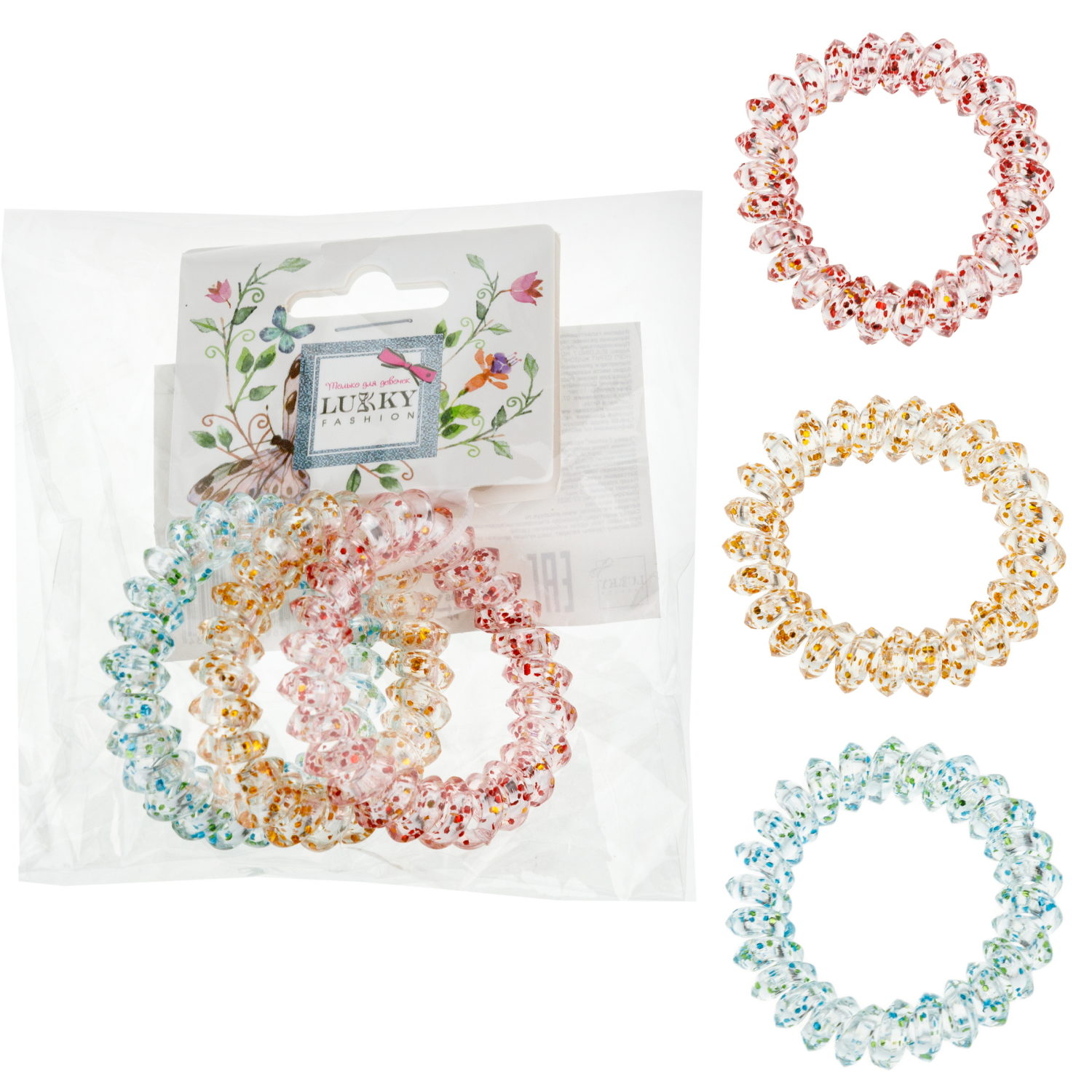 Lukky Fashion набор из 3 резинок для волос спираль с глиттером, цвета: зеленый, желтый, красный