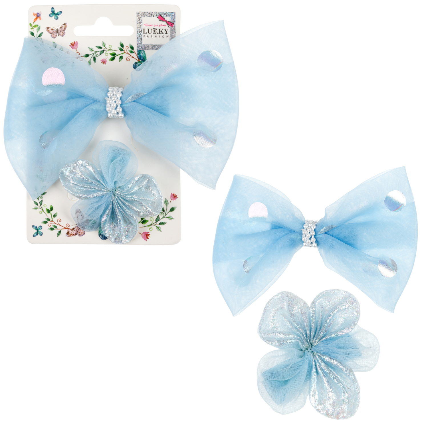Lukky Fashion набор из 2 заколок-зажимов д.волос Бантик и Цветок Шифон и Шёлк,4 цв.микс