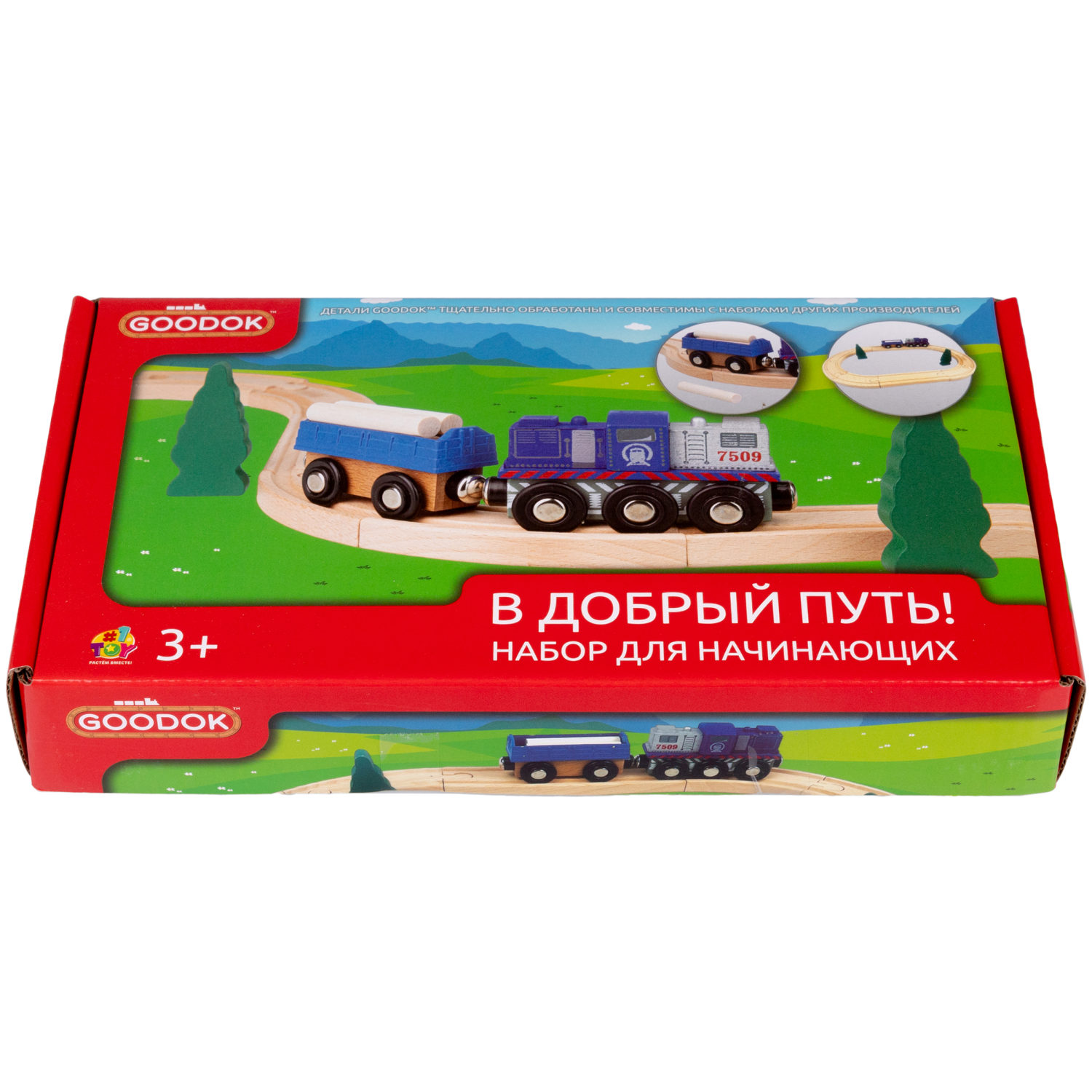 1TOY Goodok наб. ж/д базовый "В добрый путь!" с синим дерев.грузовым локомотивом с вагоном с 3 бревнами,16 дет.,кор.