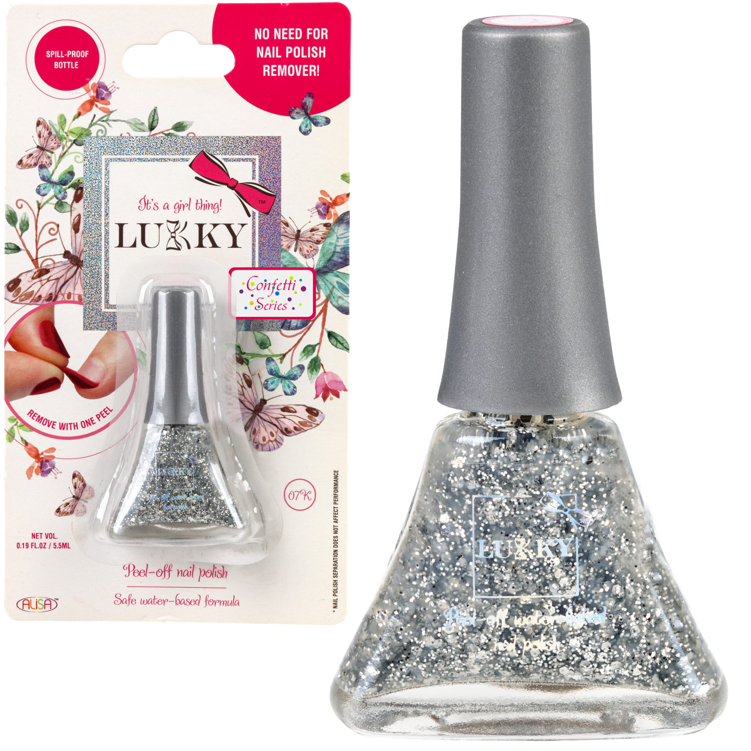 Детский лак для ногтей на водной основе с блестками Lukky, Конфетти, безопасный, цвет 07К, серебряный, блистер, 5,5 мл
