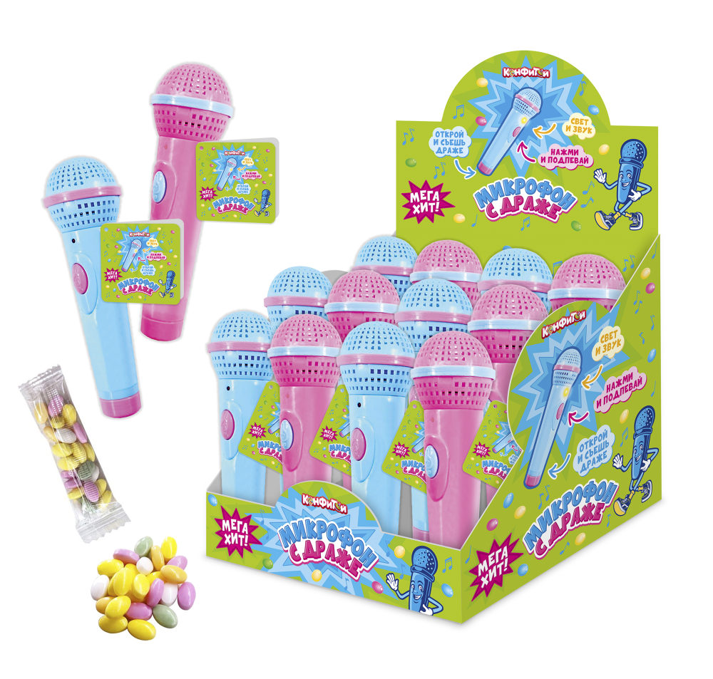 МЕГА ХИТ! Микрофон музыкальная игрушка с конфетами (драже), блок 12 шт. (5г х 12 х 12)