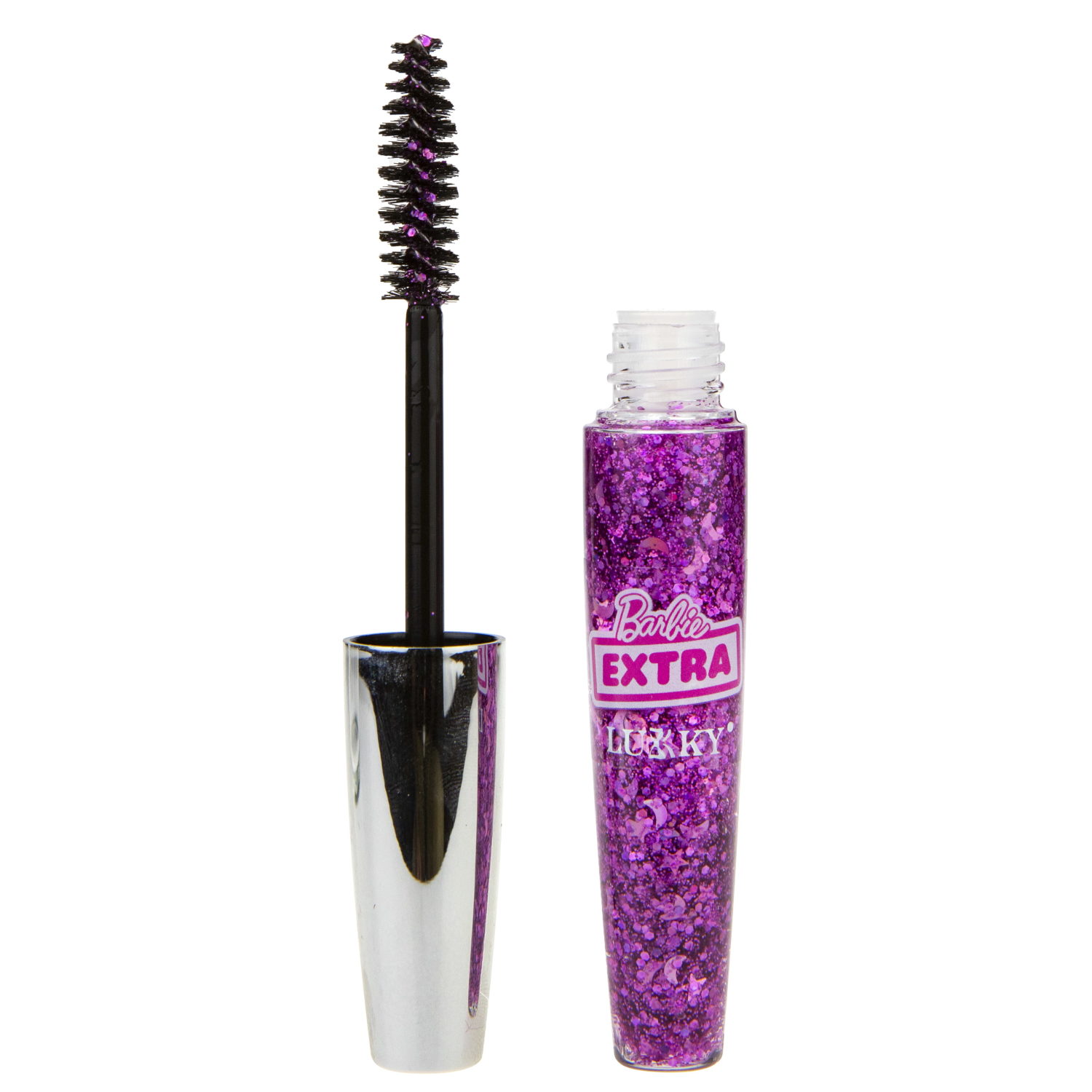 Детская тушь для волос от Barbie Extra и LUKKY с крупными голографическими блёстками разной формы, гель-глиттер для волос фиолетовый