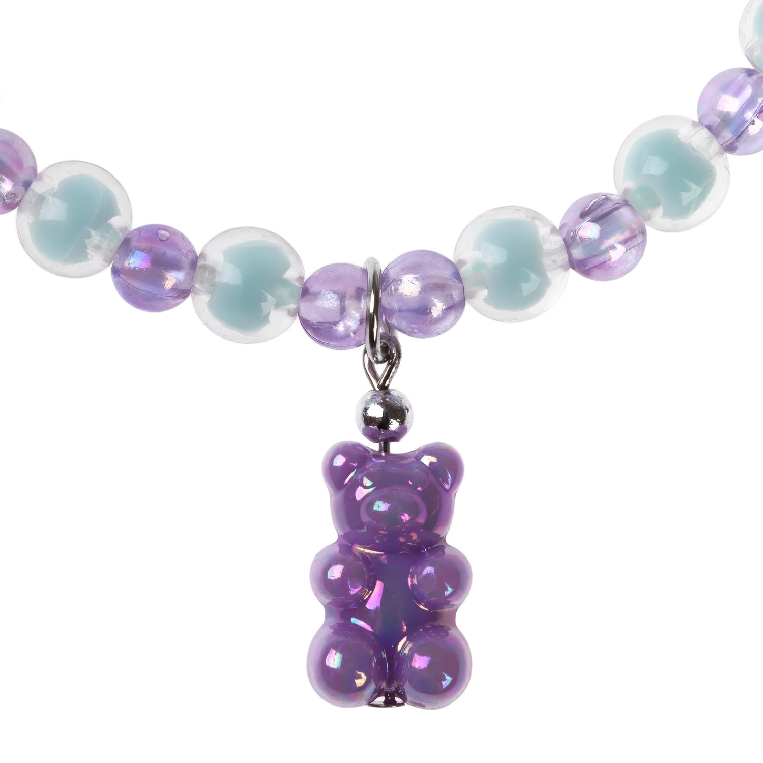 Набор украшений Lukky Fashion "Перламутровые фиолетовые мишки" из глазированных бусин: 3 браслета, клипсы для ушей, бусы с подвеской