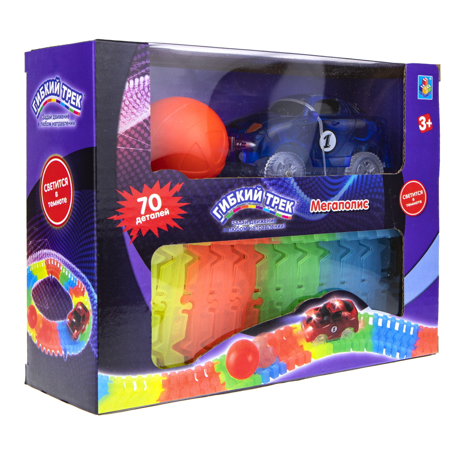 Игровой набор 1TOY Гибкий трек "Мегаполис", 70 деталей, дорога светитсяв темноте