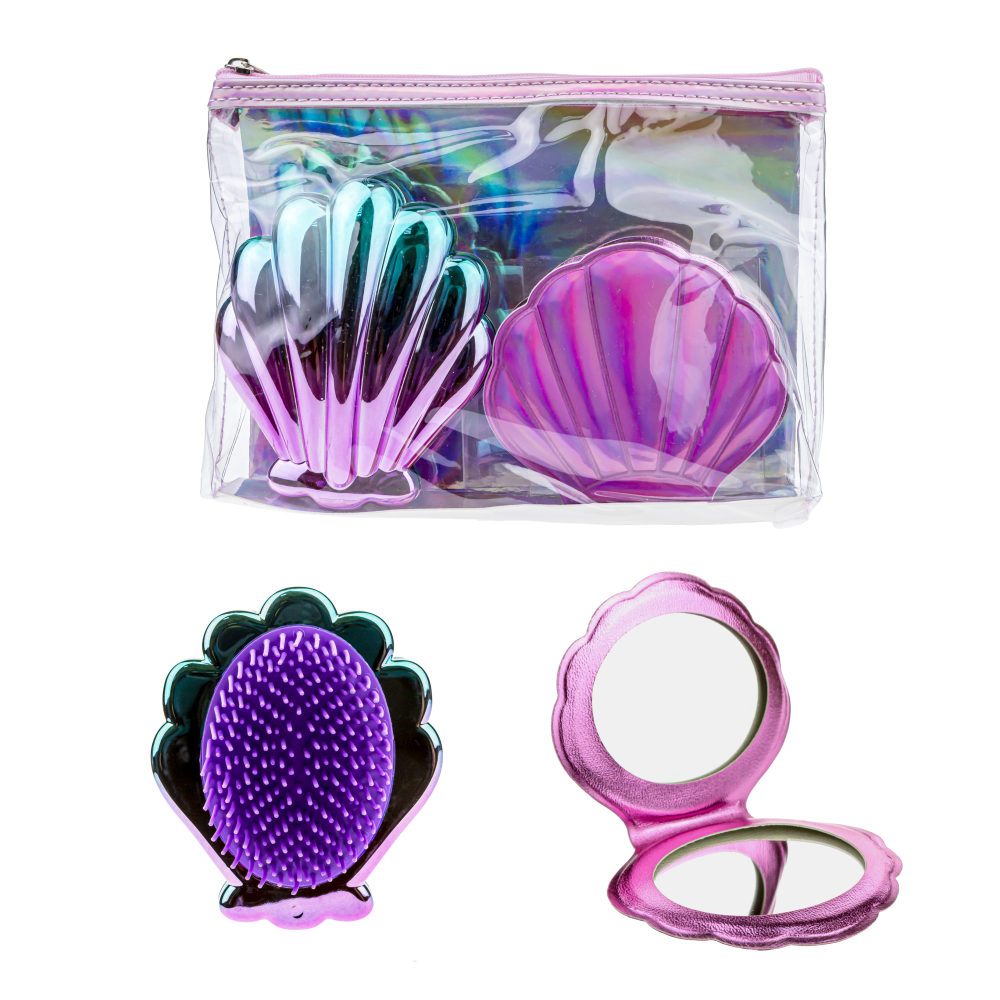Lukky Набор 3 в 1: расческа+зеркальце "Ракушки" в косметичке, розовый