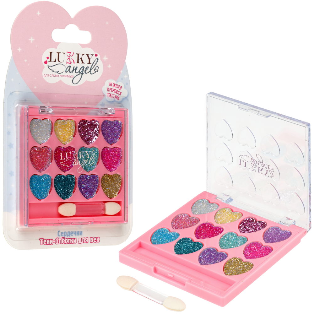 Палетка крем-теней для век детских Lukky Angel, «Сердечки», 12 цветов, розовая коллекция, 9 г