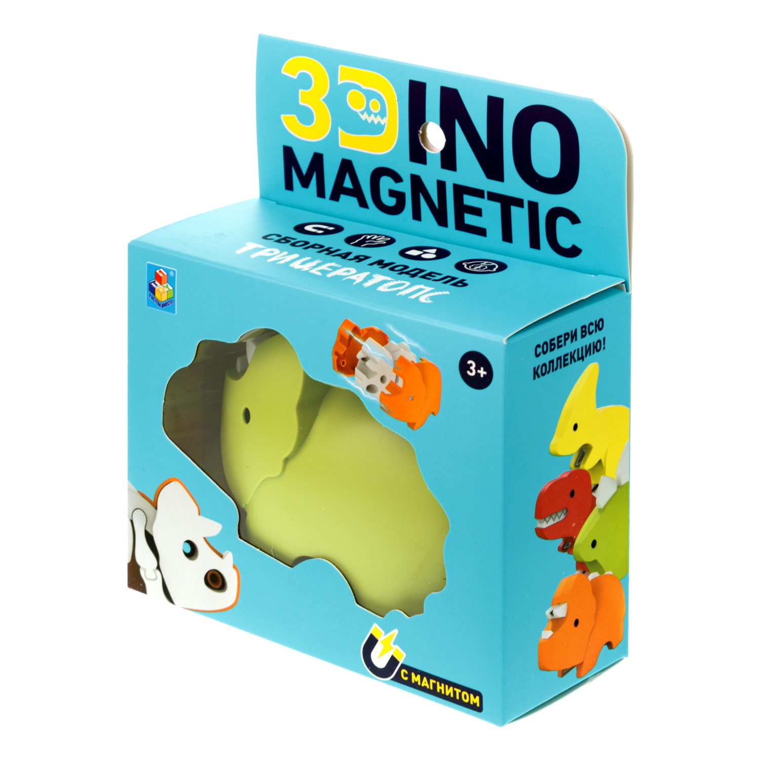 Игрушка динозавр 1TOY 3Dino Magnetic Трицератопс, сборный, с магнитом, для развития моторики и сил рук, цвет в ассортименте