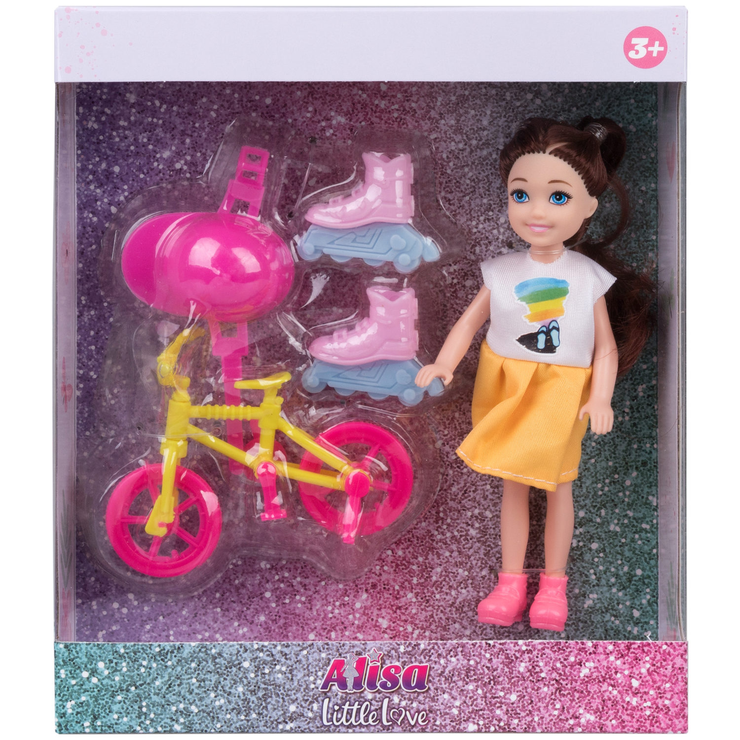 Кукла Alisa Little Love 15,2 см, брюнетка, с велосипедом и роликами
