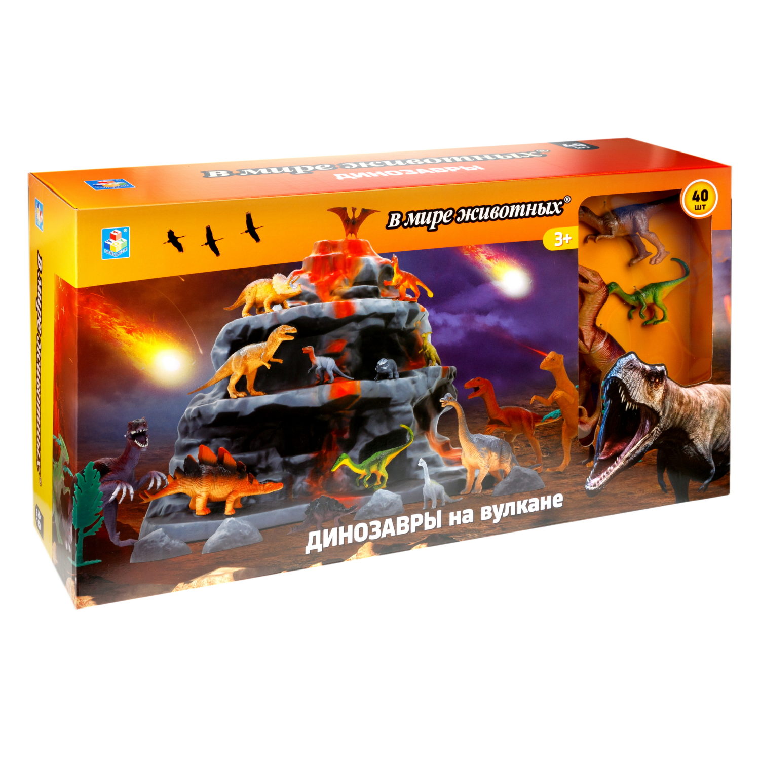 Игровой набор динозавров 1TOY "В мире животных", 40 шт., фигурки: стегозавр, птеранодон, гадрозавр, трицератопс, велоцираптор, тираннозавр рекс