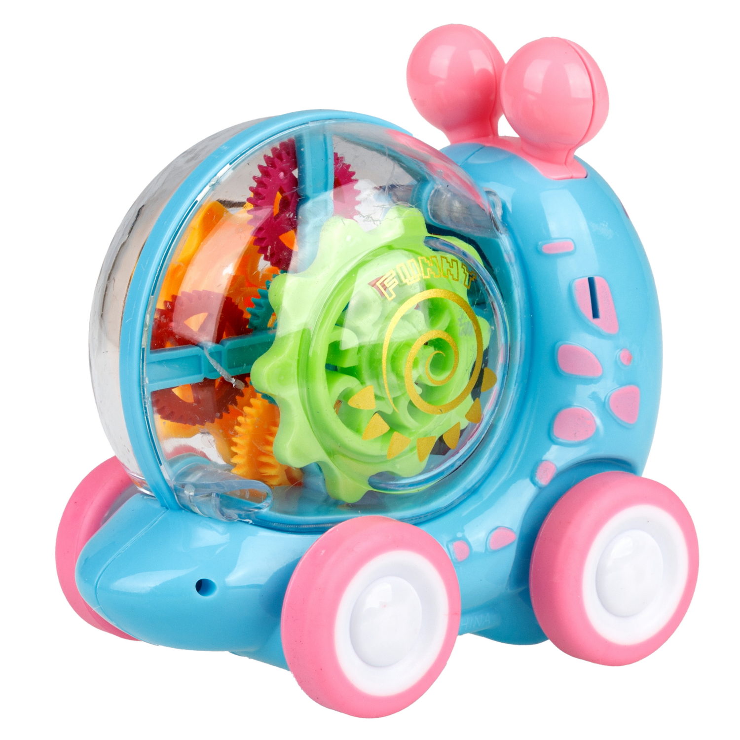 Игрушка прозрачная с шестеренками 1TOY Движок «Улитка», со светом, голубая
