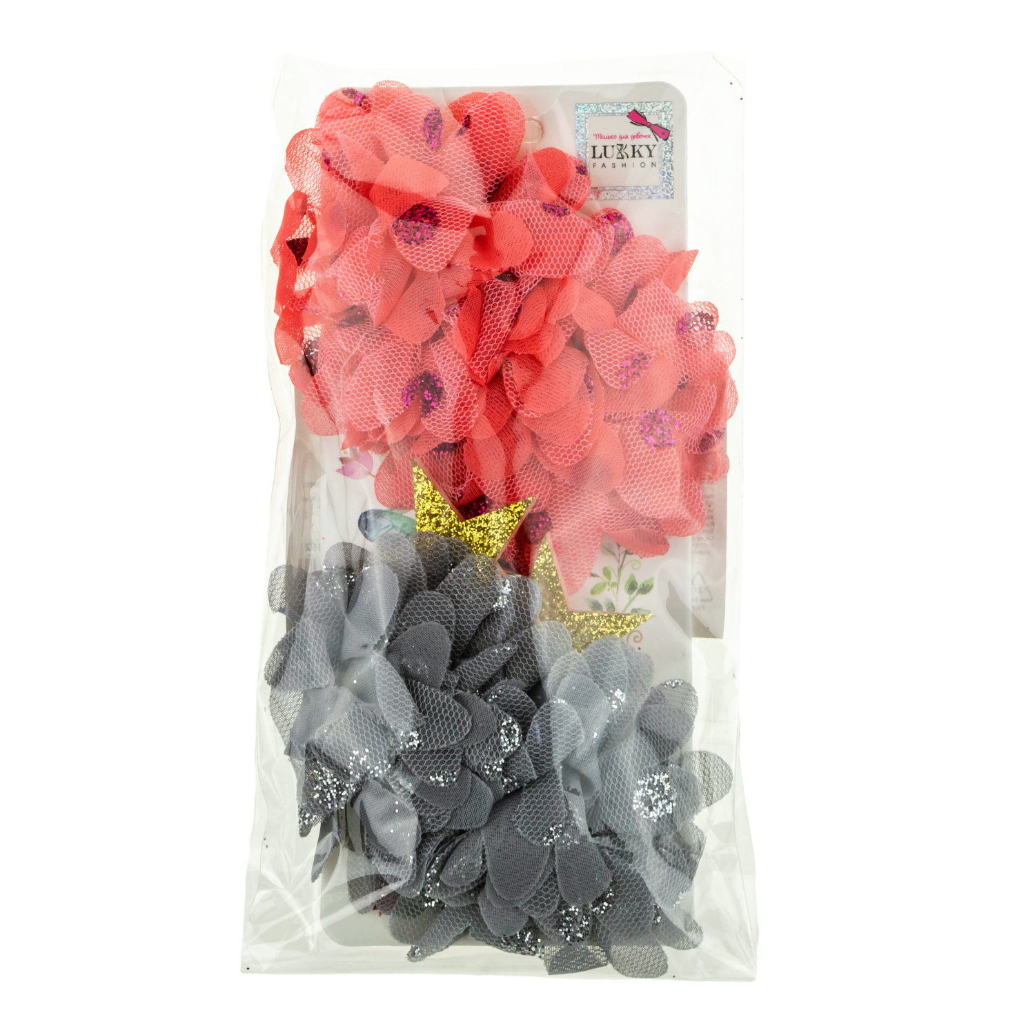 Lukky Fashion набор заколок для волос зажим, 6шт в наборе (2 красных цветочка, 2серых цветочка, 2 золотые звездочки)