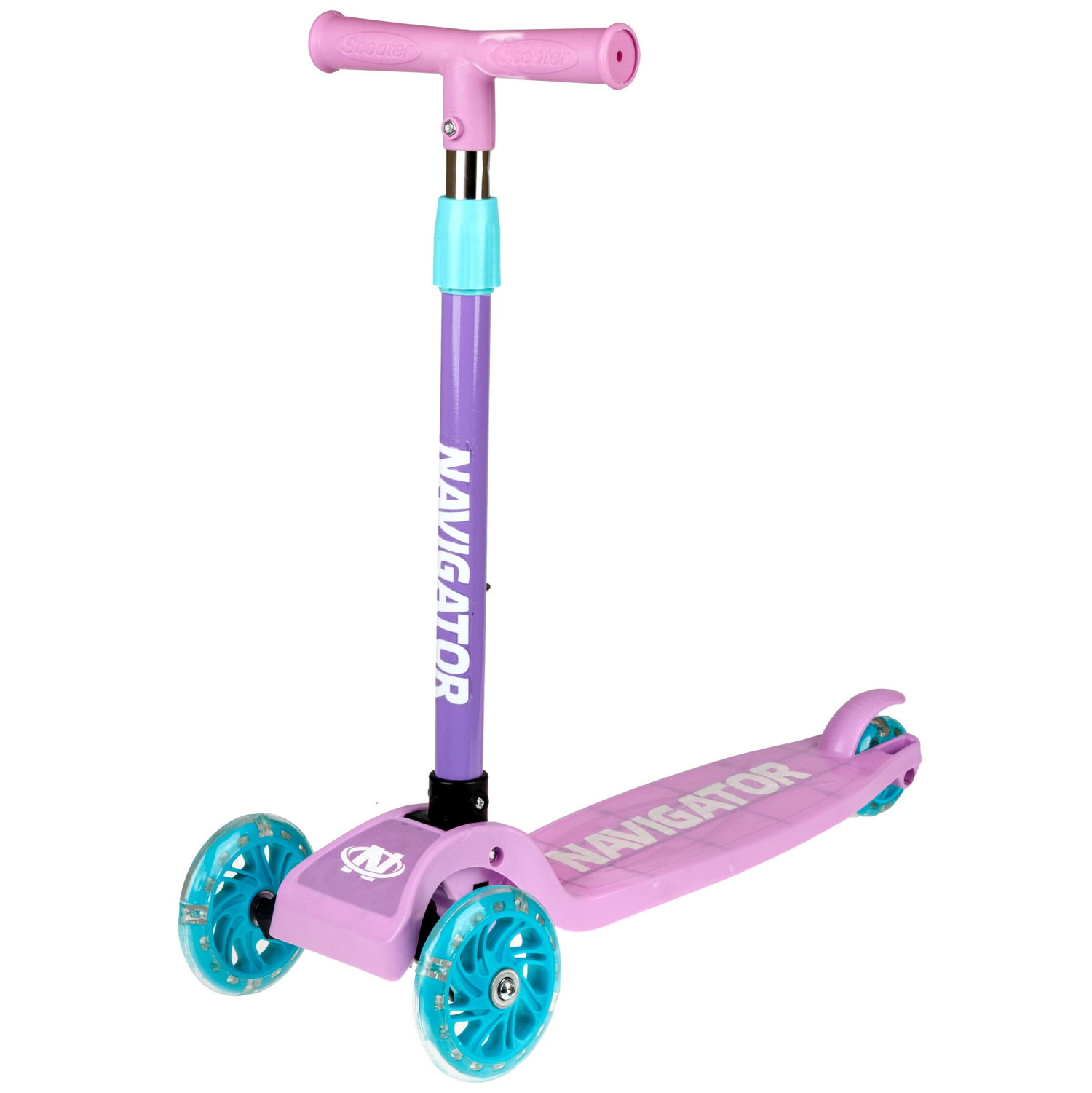 Самокат Navigator, упр.накл, PVC светящ. кол.2х110мм/80мм, складной, высота руля 58-72см, дека 36*12см, пласт ручки, пакет, розовый