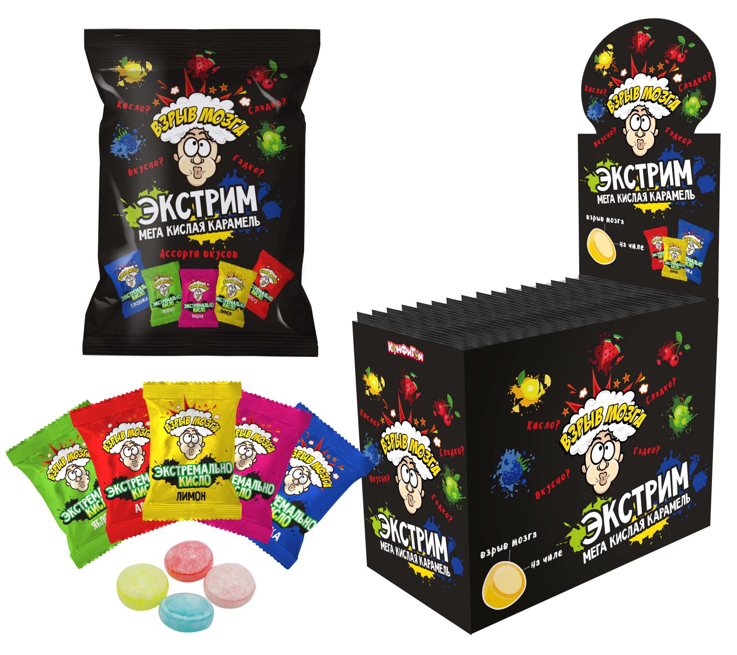 ВЗРЫВ МОЗГА Экстрим кислая карамель 5 вкусов в пакете, блок 12 шт. (56г х 12 х 8)