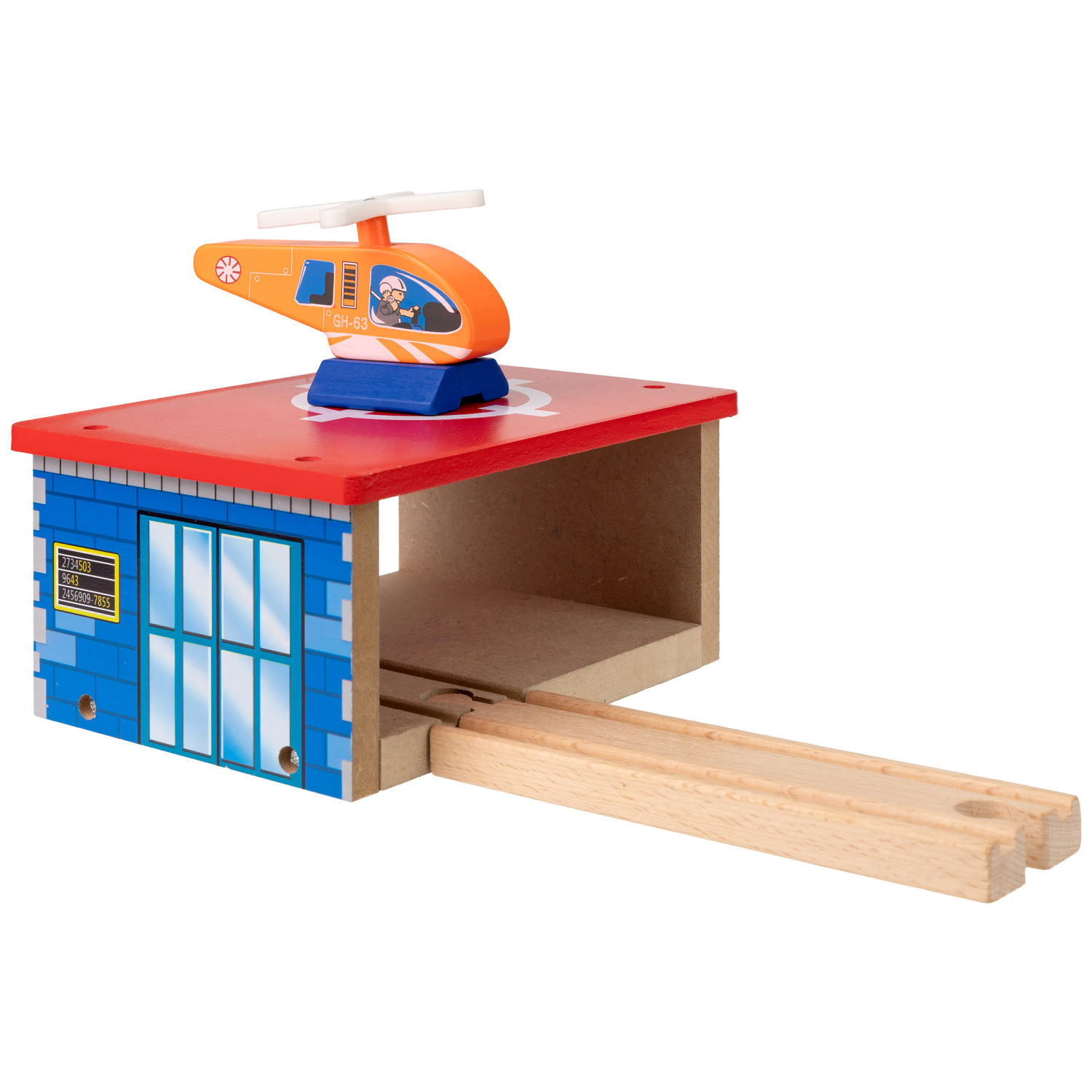 1TOY Goodok наб. аксессуаров для ж/д «Хелипорт»:дерев.станция-тоннель с вертолетной площадкой на крыше,с рельсами,вертолетом,кор.